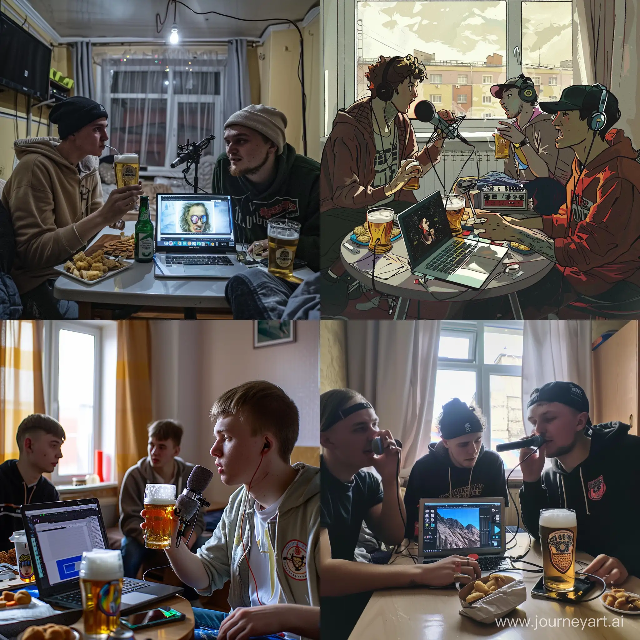 Русские студенты в русском общежитии пьют пиво, едят сухарики и записывают реп на ноутбук с микрофоном 