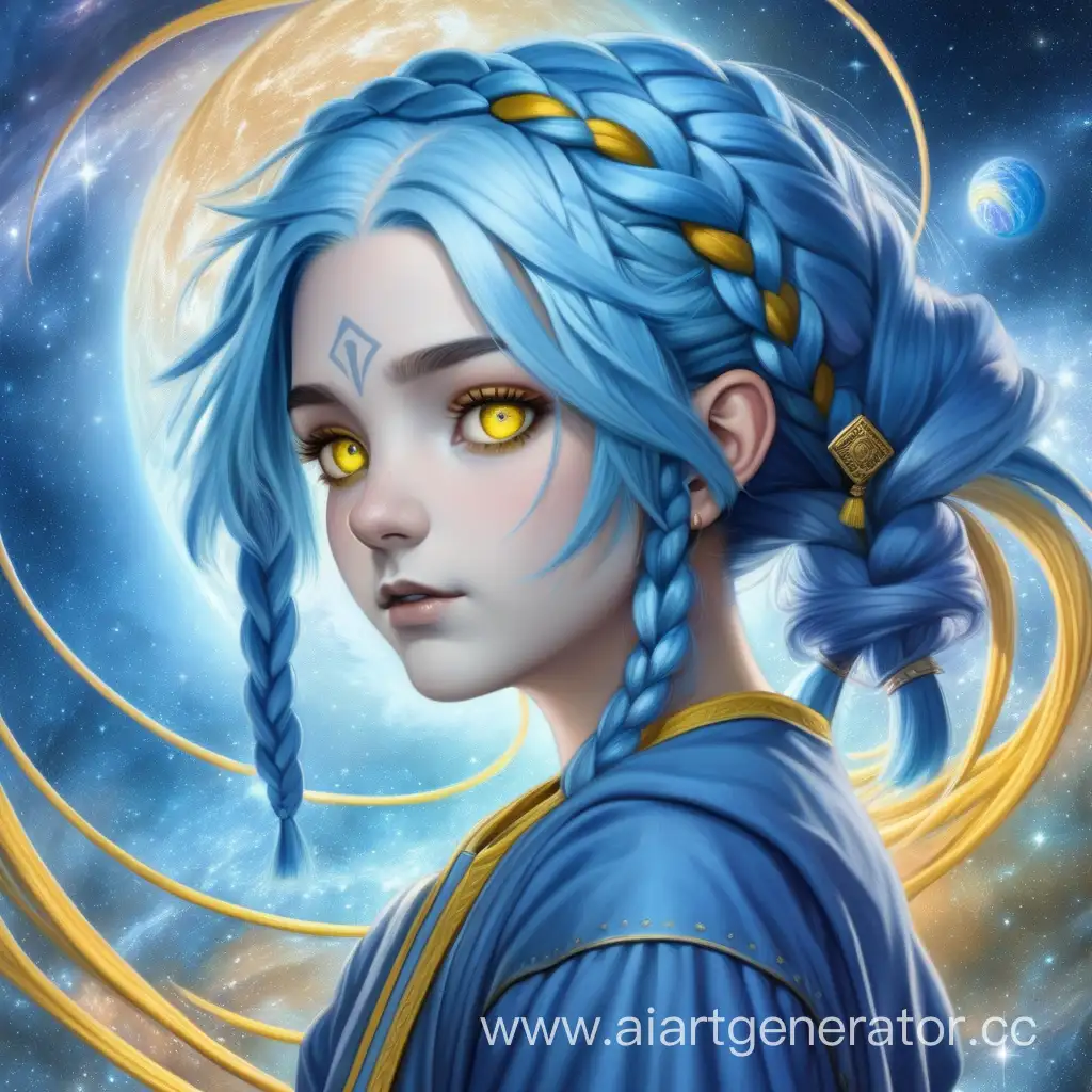 The girl with blue hair, braided into two braids and yellow eyes, in monastic attire of blue hues conquers the cosmos.