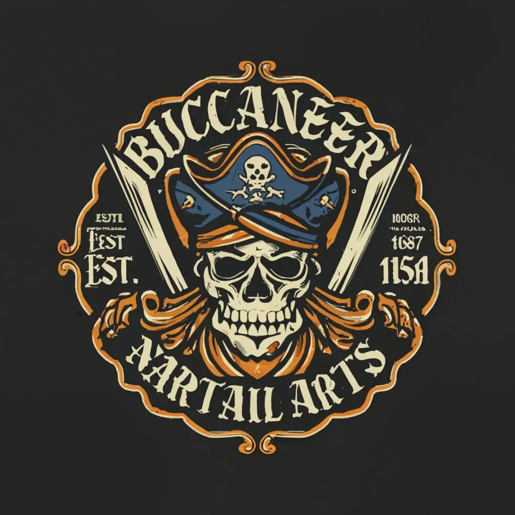 a logo design,with the text 'Buccaneer Martial Arts', main symbol:skull, cutlass , pirate, Scottish hat, 17th century style,complex,be used in Education industry,clear background