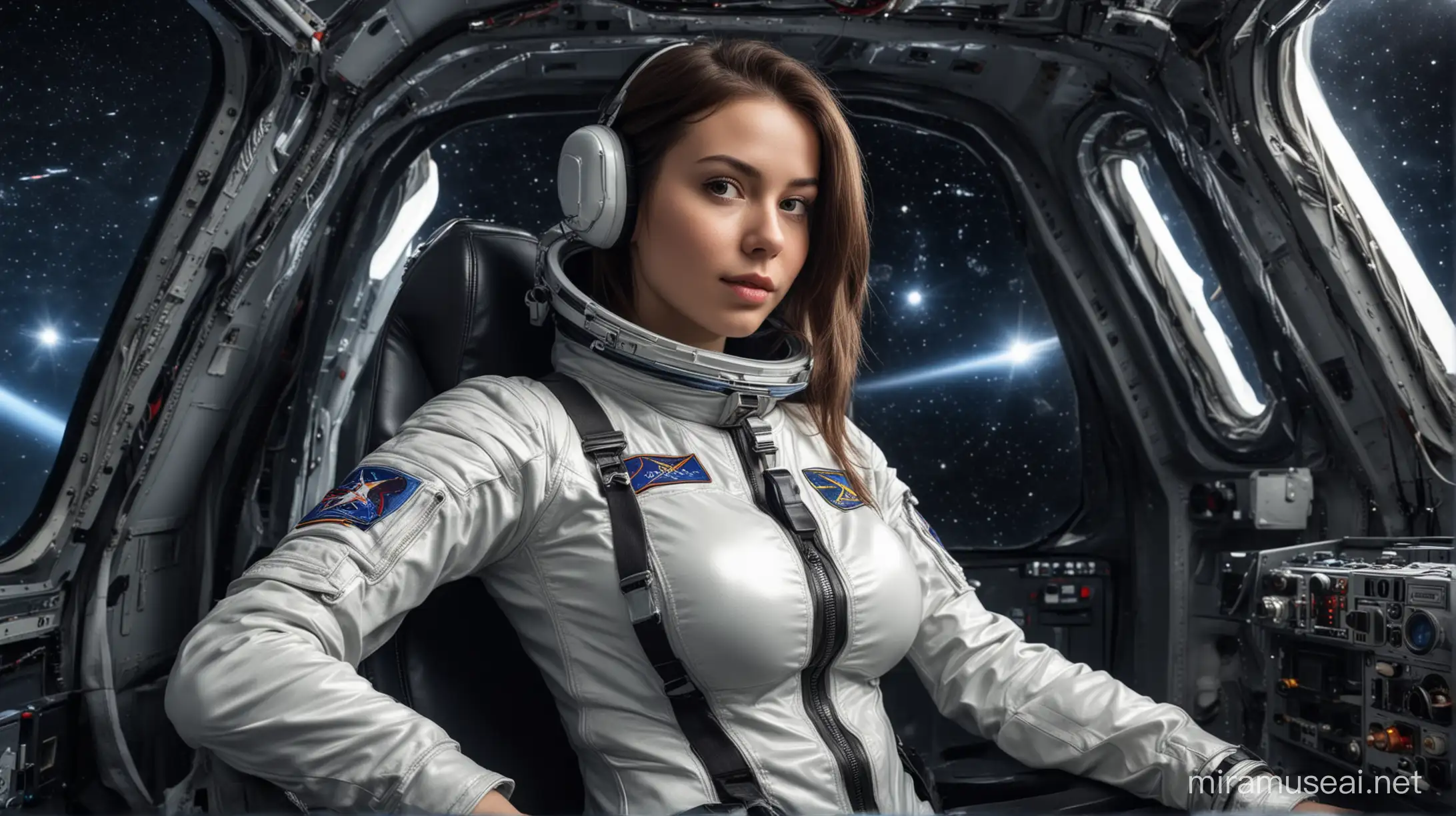 стройная девушка с большой грудью в обтягивающем скафандре в кресле пилота на фоне космоса