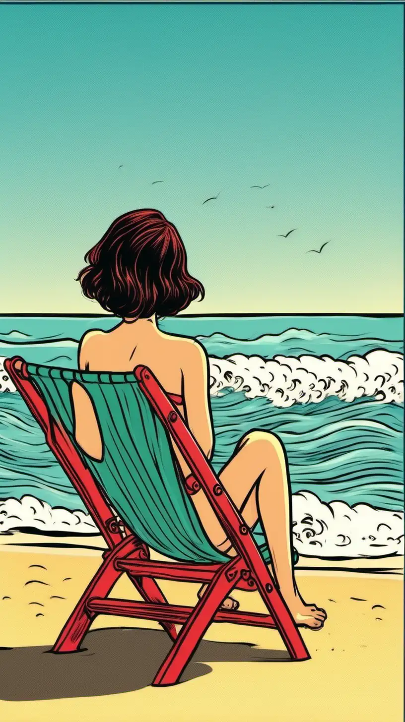 CARTOONY COLOR.  From behind a girl in a bathing suit in a beach chair watches the waves
 