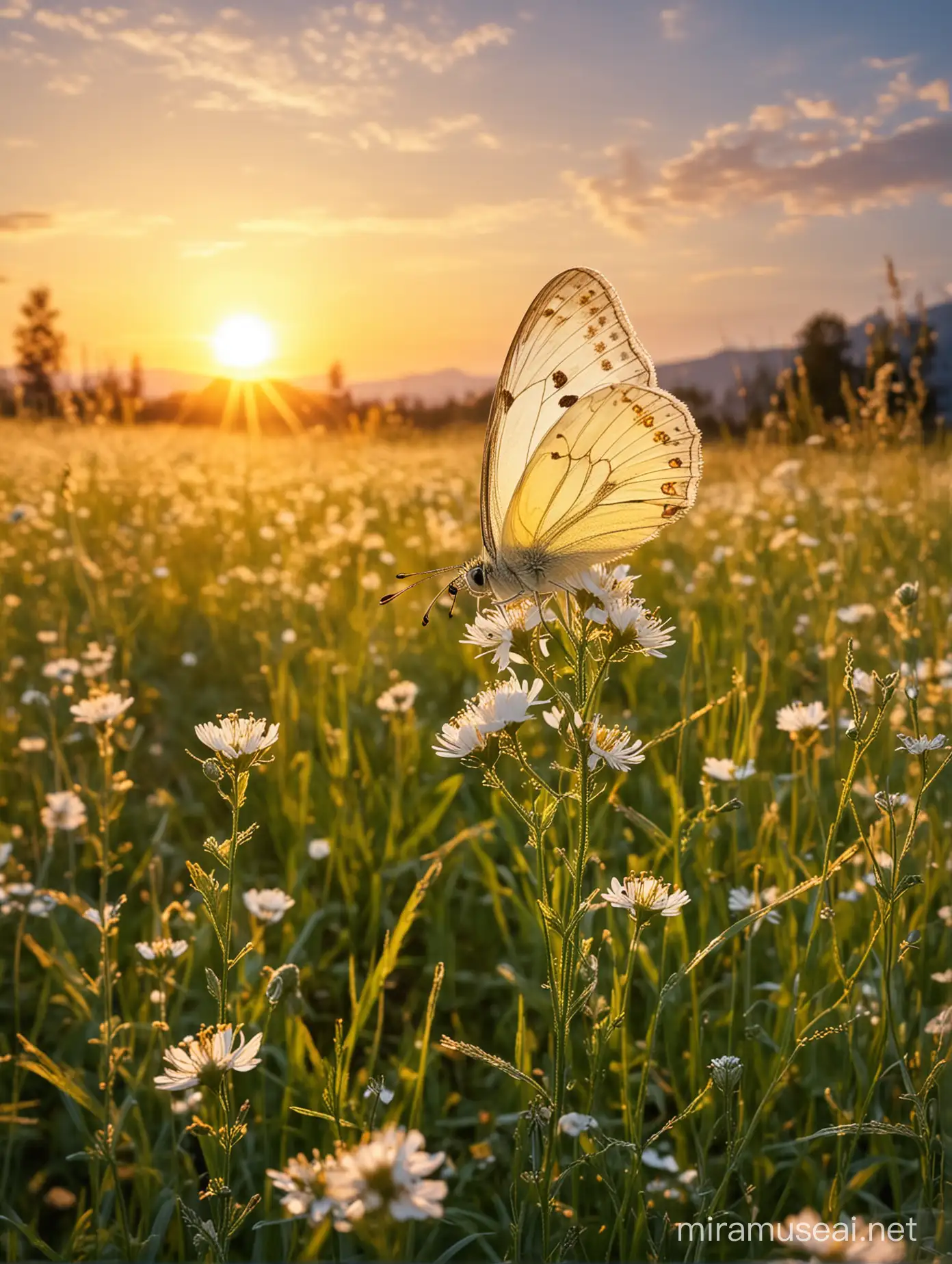white butterfly on spring meadow. Sunset golden atmosphere is on byckround.