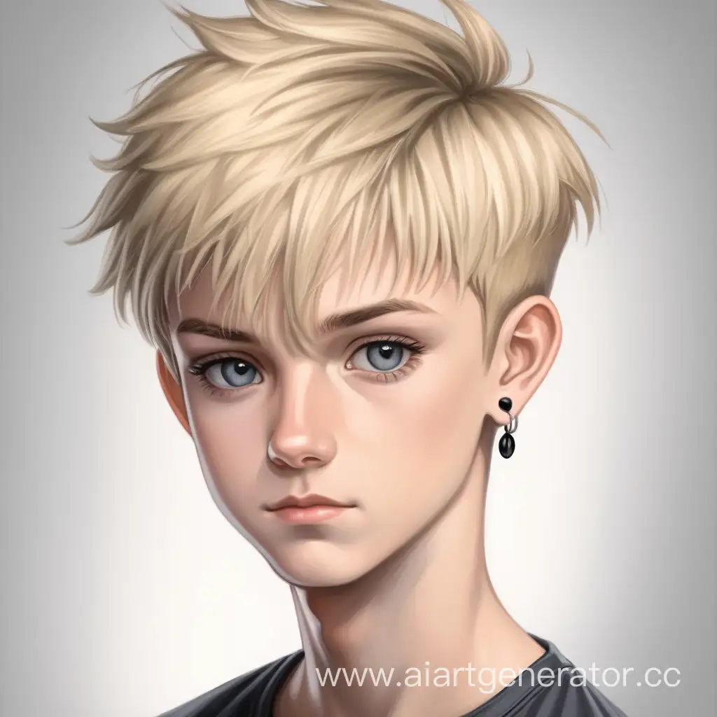  A young girl, looking straight ahead ,about 17 years old, has blonde hair styled in a pixie style (short haircut, but the hair can be a little voluminous). He has black earrings visible, which may be an accent to his style. He also has gray eyes, expressing clarity and insight, and he looks straight, indicating his confidence and focus.