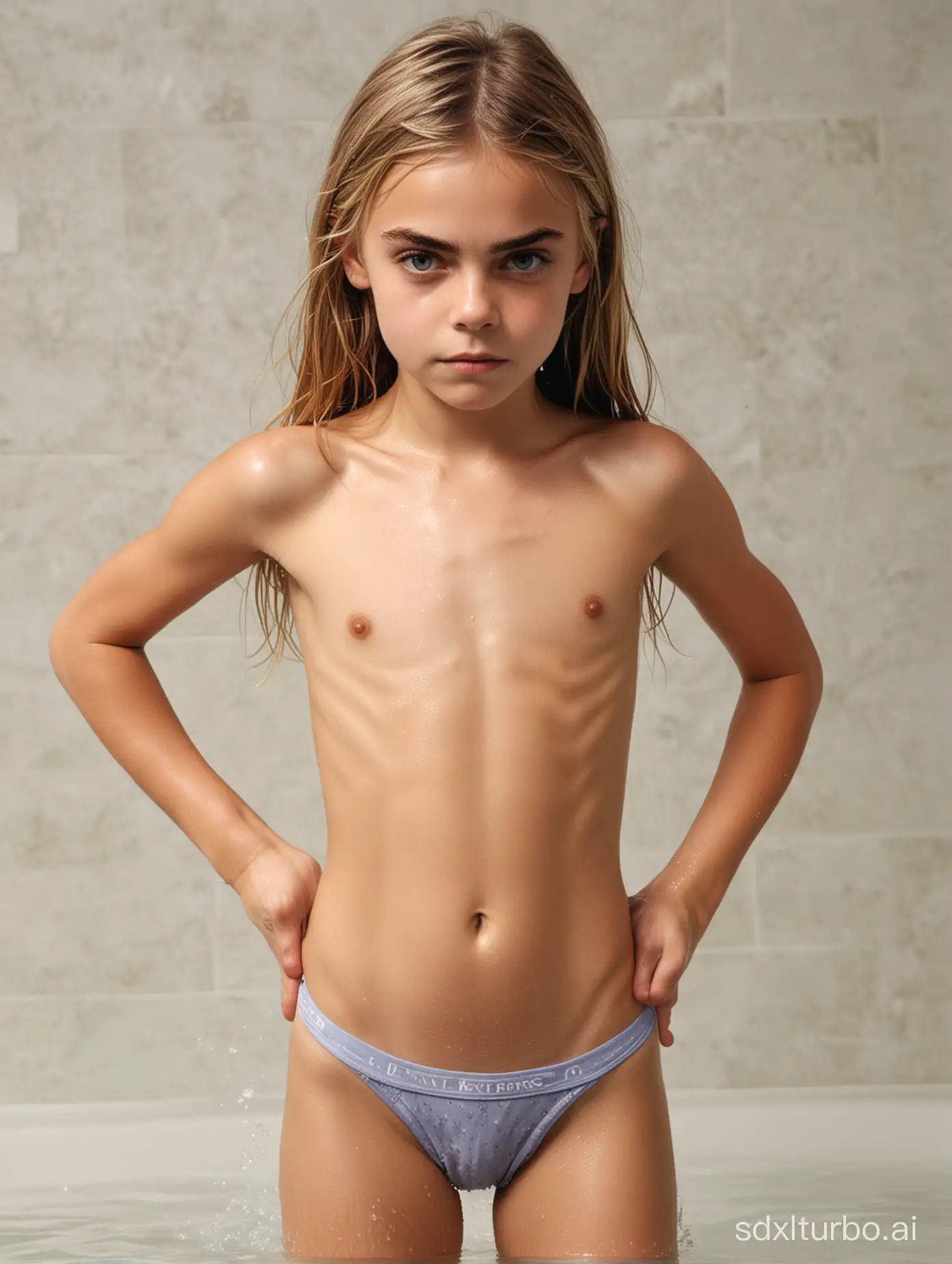 Cara Delevingne at 8 years old, flat chested, muscular abs, showing her belly, bathing