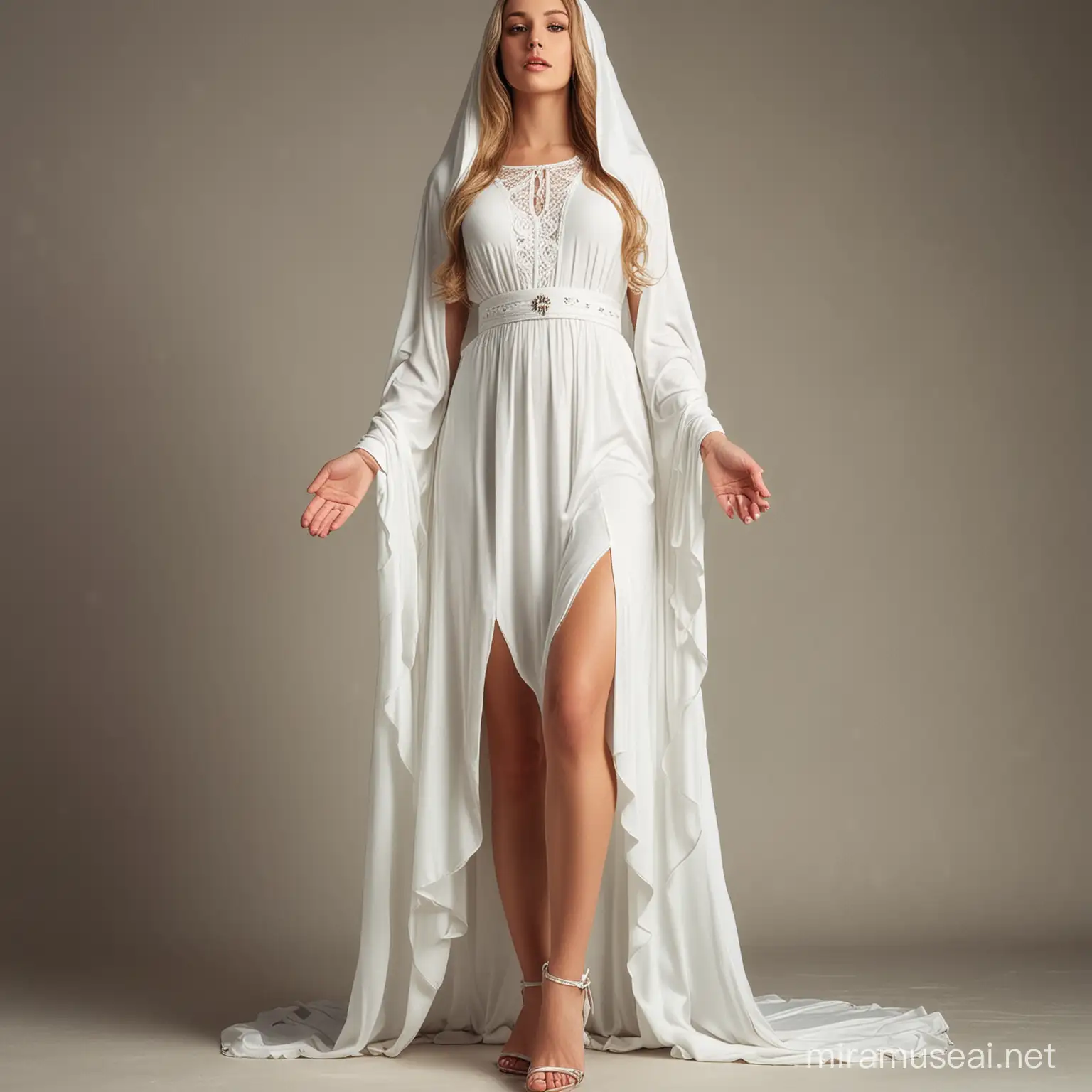 Beautiful virgin mary white dress and thigh showing