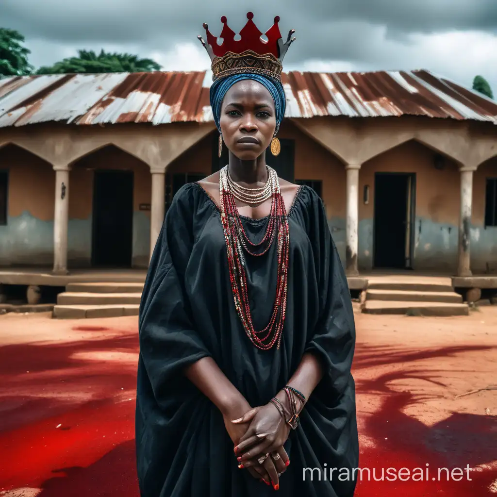 A black village lady dressed in a blood stained village dress standing in front of an old African palace holding her crown


Model