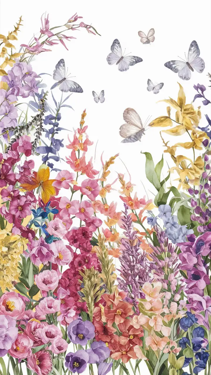 A stunning watercolour painting of vibrant, diverse flowers with delicate butterflies fluttering around them. The flowers bloom in a kaleidoscope of colors, including pink, purple, yellow, and blue. The butterflies dance gracefully, their wings shimmering like jewels. The white background creates a pristine, clean backdrop, allowing the colors and details of the flora and fauna to fully stand out and captivate the viewer.
