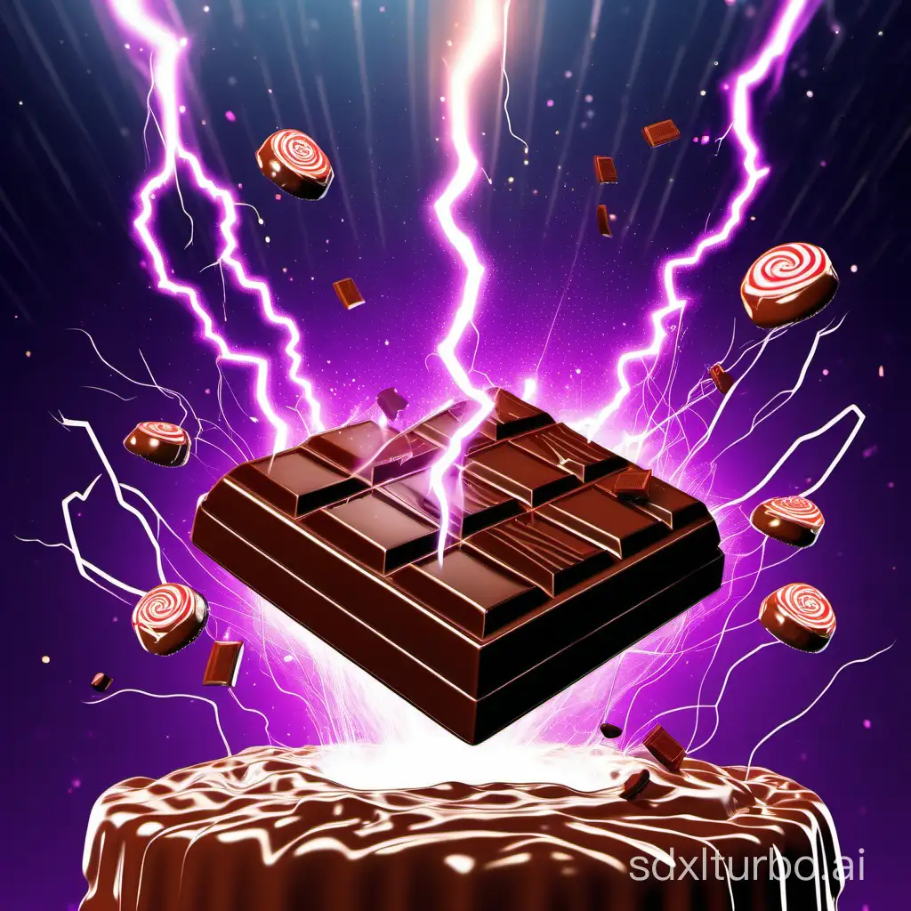 Chocolate candy floating in the air while sparks of lightning and lights rain down around it, on a DJ's console