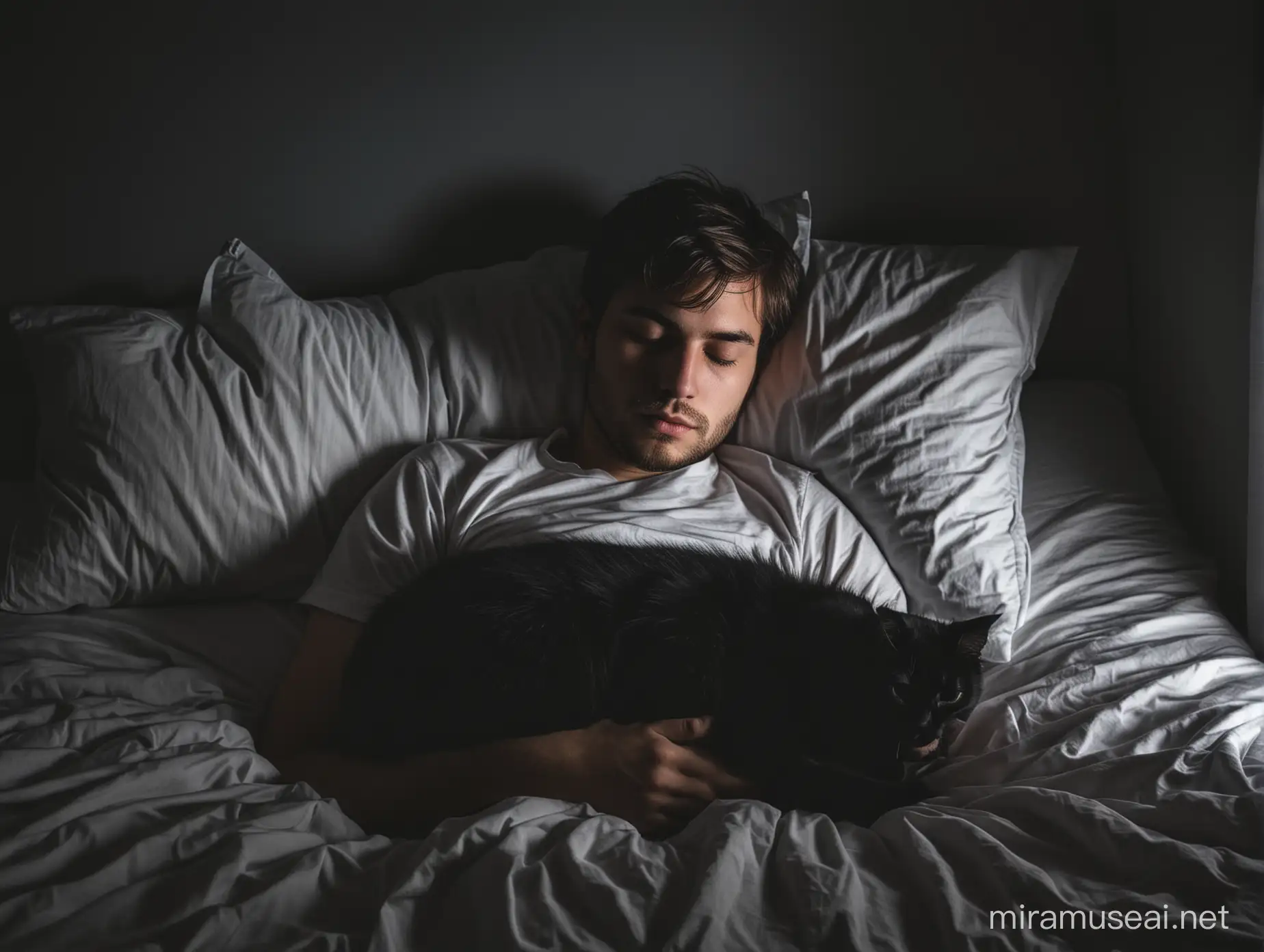 un hombre joven adulto durmiendo junto con su gato color negro en la cama de una habitación oscura en la noche.
