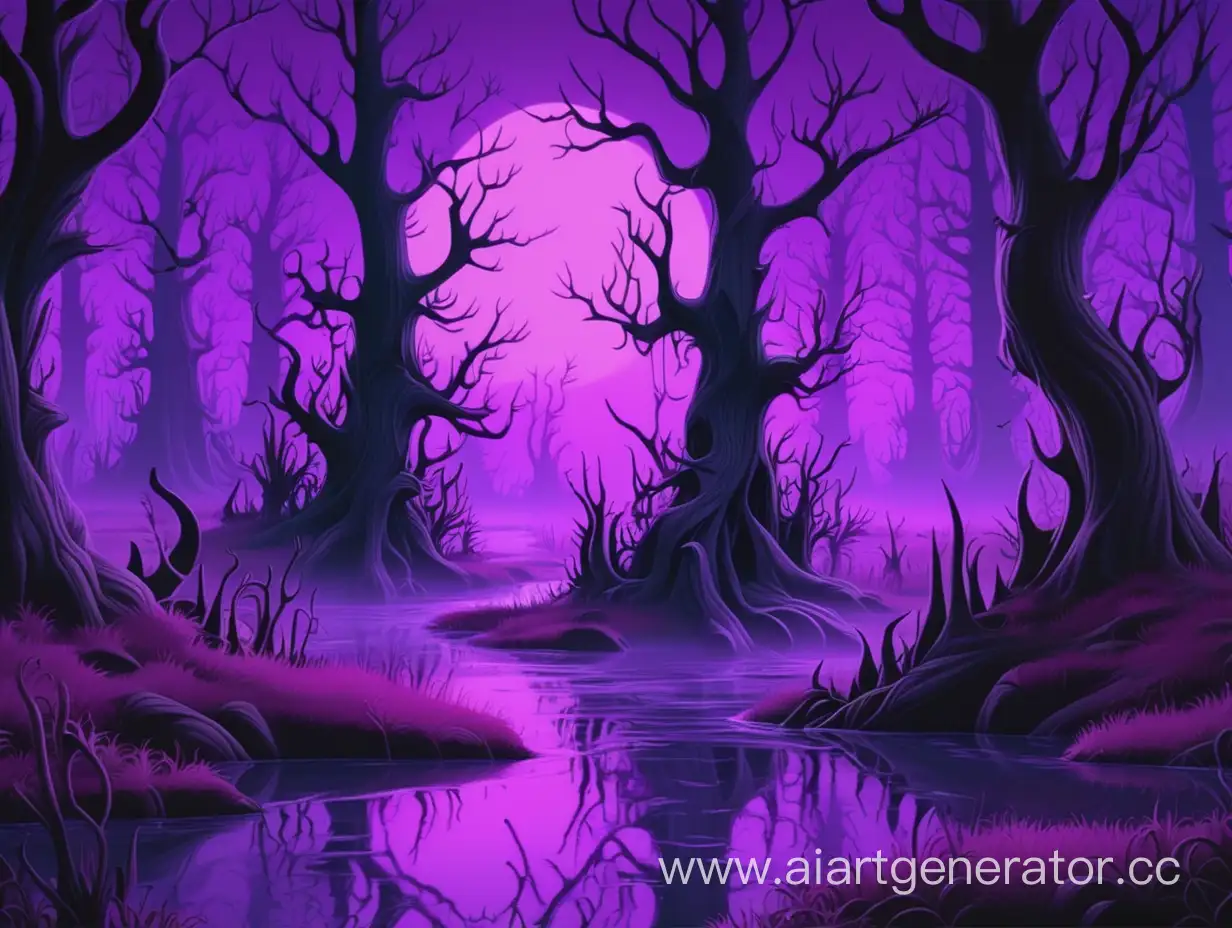 Ведьминское болото лес в фиолетовом цвете в темных цветах мультяшное