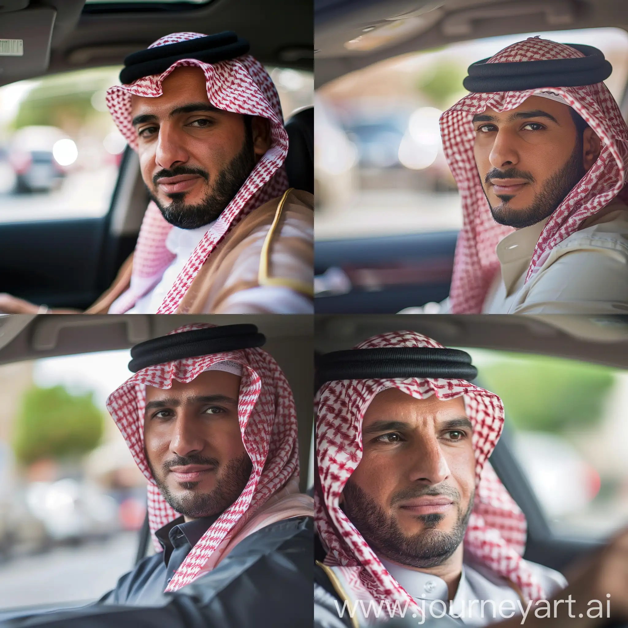 شاب ثلاثيني سعودي ذو لحية خفيفة يقود سيارة حديثة