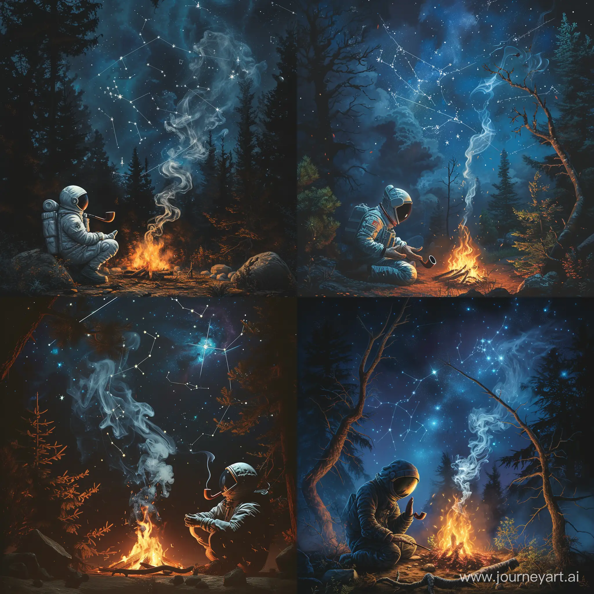 Одинокий космонавт молится ночью у огромного костра в диком живом лесу. 
В руках у него  курительная трубка , из которой выходит дым.
А сверху звезды и созвездия.