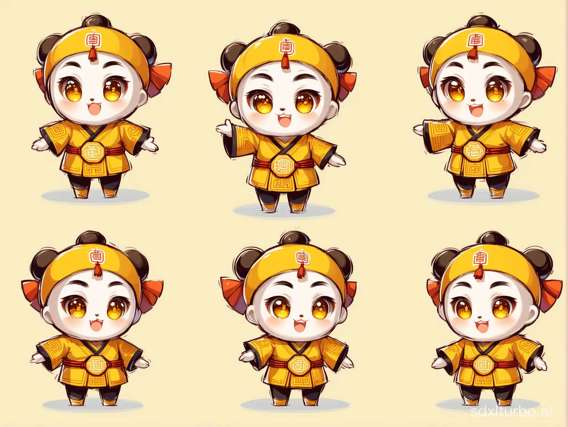 Virtual cartoon mascot, four views presentation, front, side, back, cartoon character design, the mascot of Sanbei culture in Ningbo, Zhejiang, China, humanoid image, meta-universe environment, elementary school campus mascot, symbolizing the eyes of wisdom, mathematical elements, campus culture, dream education, dream-chasing theme.