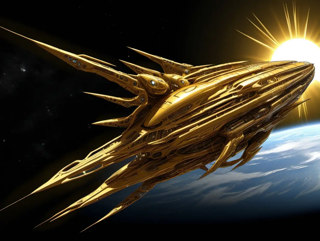 a massive spaceship outlined like the slight form of a bird, that is golden colored with long antennas and long thin protrusions from the sides, having glowing engines and bulbous. THe front of the ship has a long extended thin beak that is dipping into a sun 