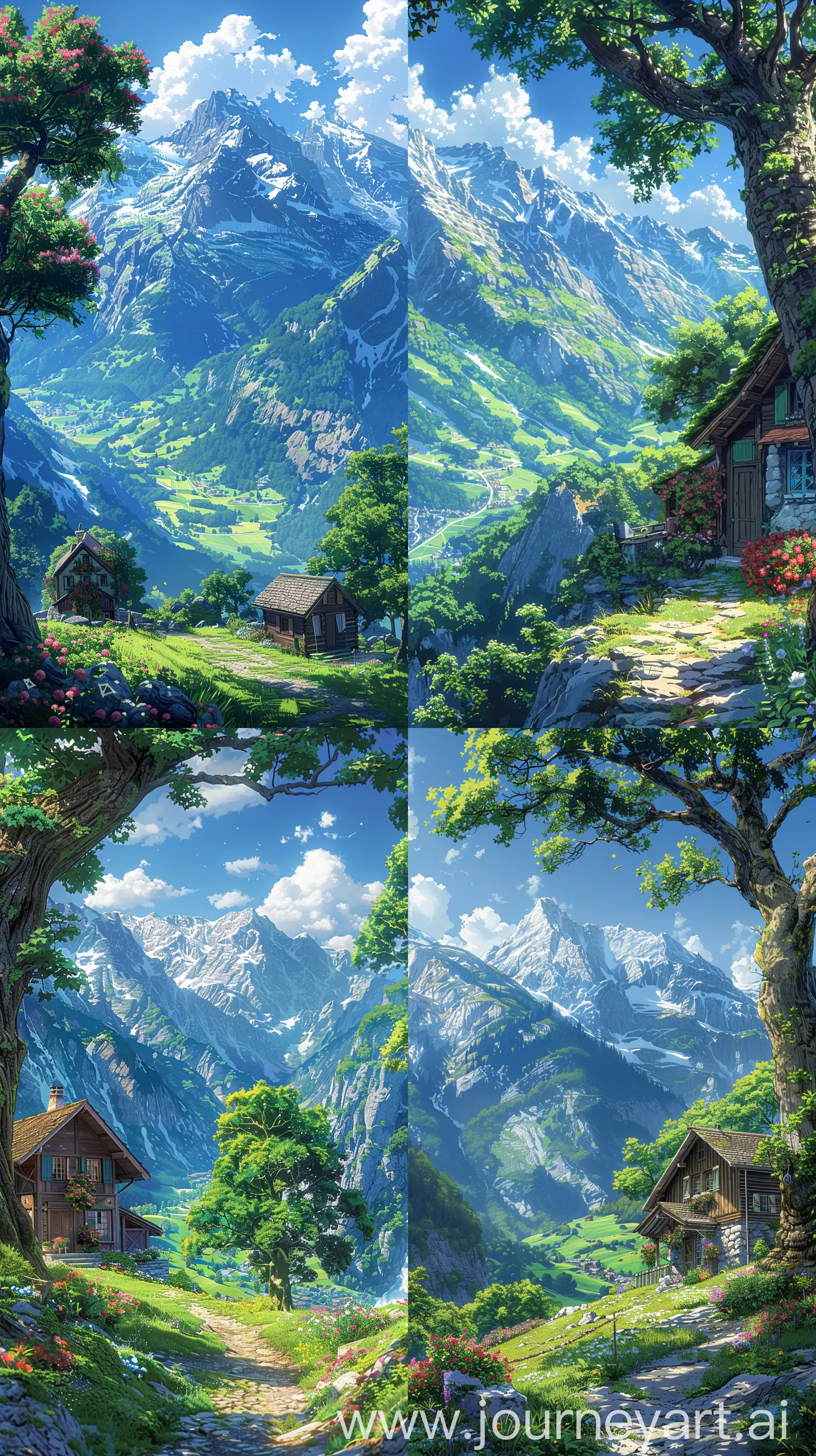 Anime scenary, illustration, mokoto shinkai style, beautiful swiss mountains, cottage besides big tree, direct front facade , decorating with flowers, valley, beautiful anime scenery, illustration, ultra hd, High quality, sharp details, no blurry image no hyperrealistic --ar 9:16 --s 600