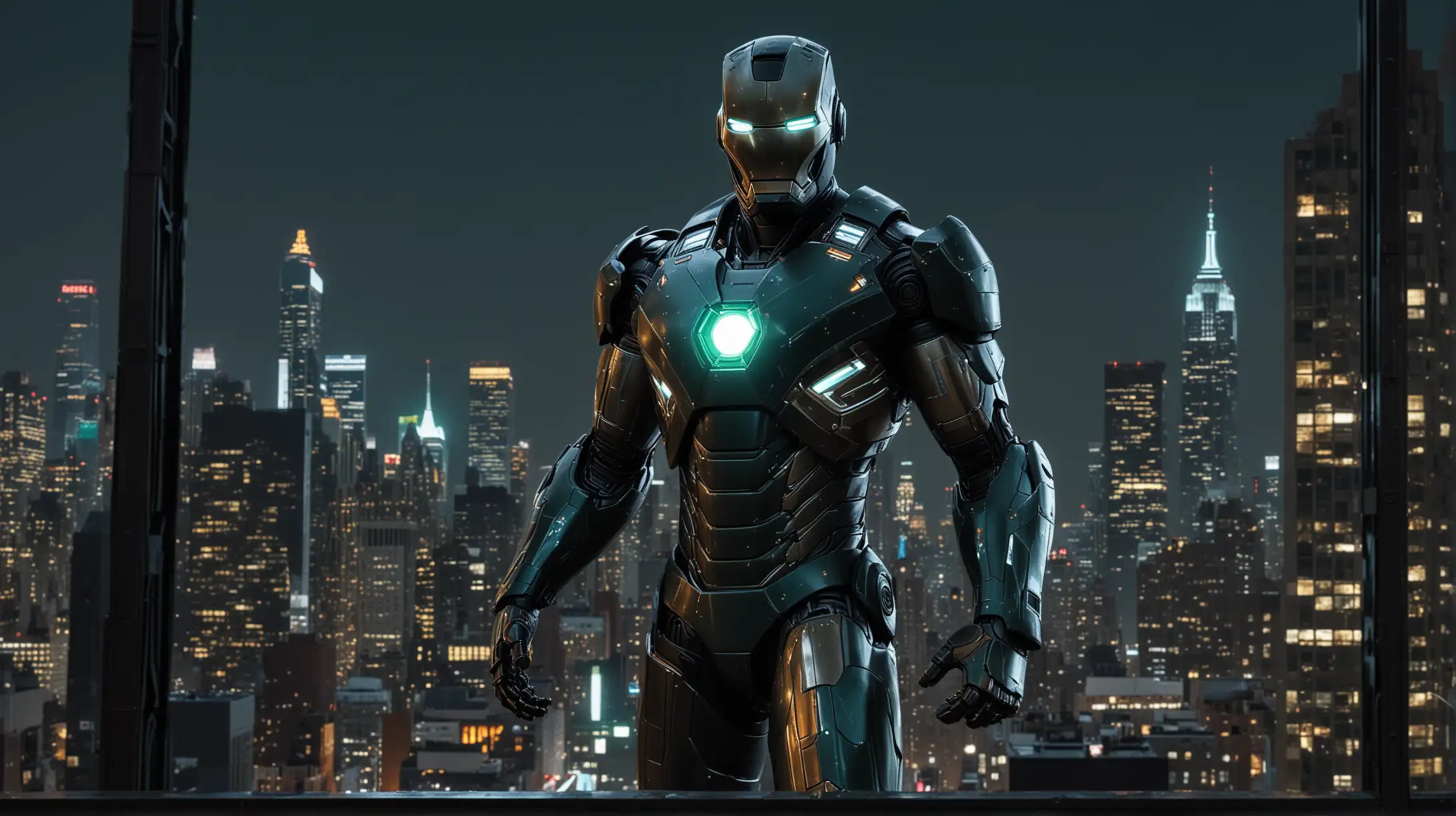 Brutalist architecture, Neon lights shining bright , futuristic New York City, at night, iron man mark 33 suit, painted black with dark green accents, with titanium silver arc reactor, flying over skyline
