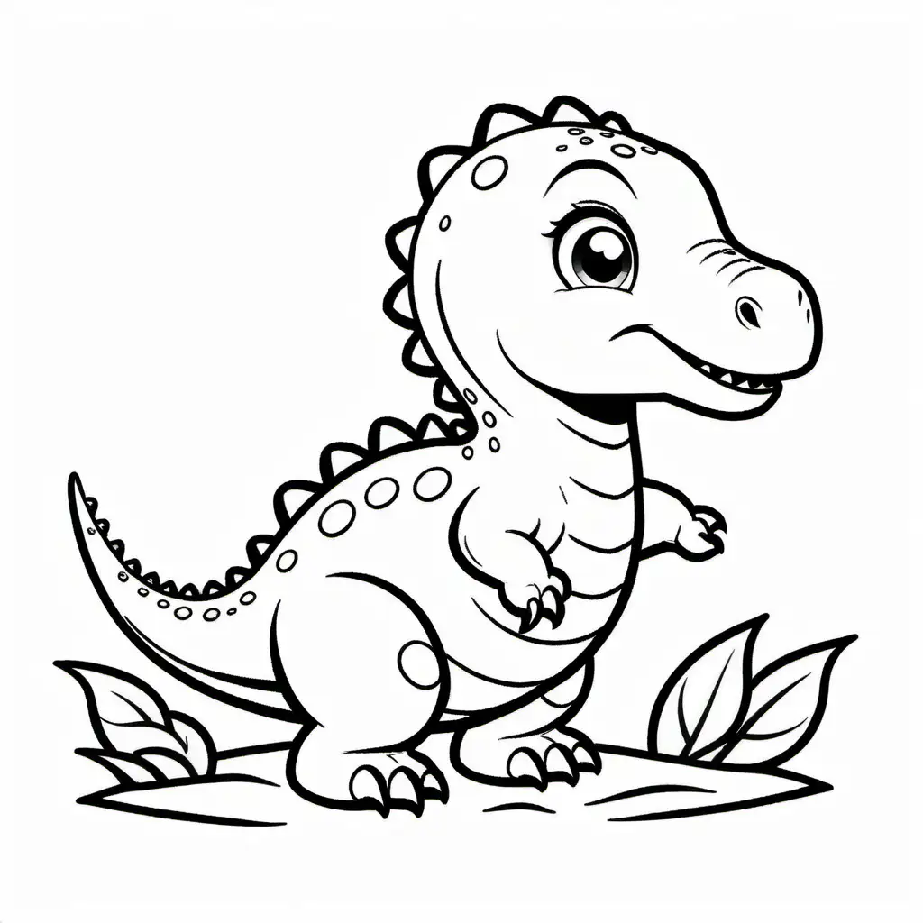 Baby dinosaur , Coloring Page, black and white, line art, white background, Simplicity, Ample White Space. The background of the coloring page is plain white to make it easy for young children to color within the lines. The outlines of all the subjects are easy to distinguish, making it simple for kids to color without too much difficulty