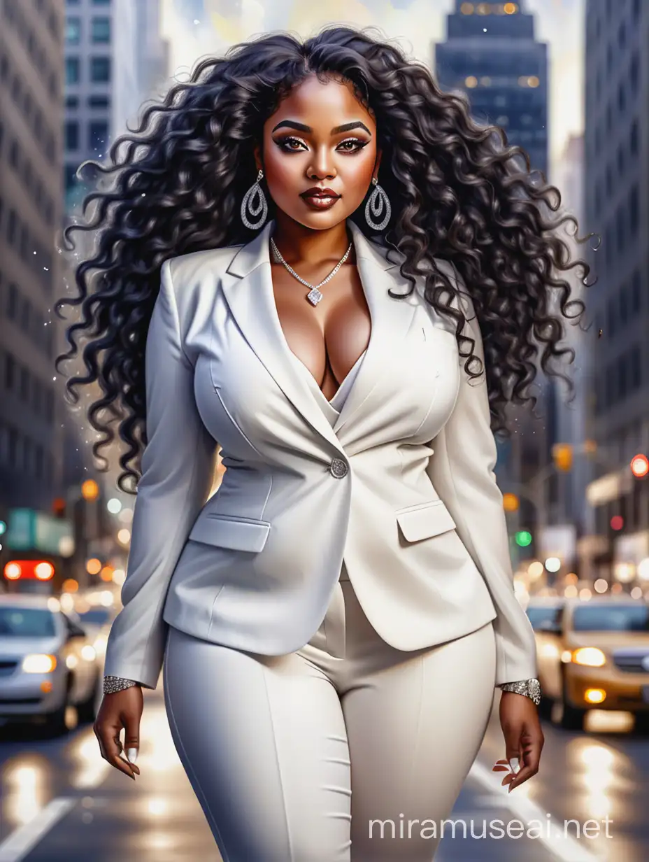 Create a watercolor image of a curvy African American female wearing a white business suit with white heels. Prominent make up with hazel eyes. Highly detailed very long extremely curly black hair. She is wearing silver and diamond Jewely that shines of the lights. Her skin is smooth and silky. Background of a busy city street