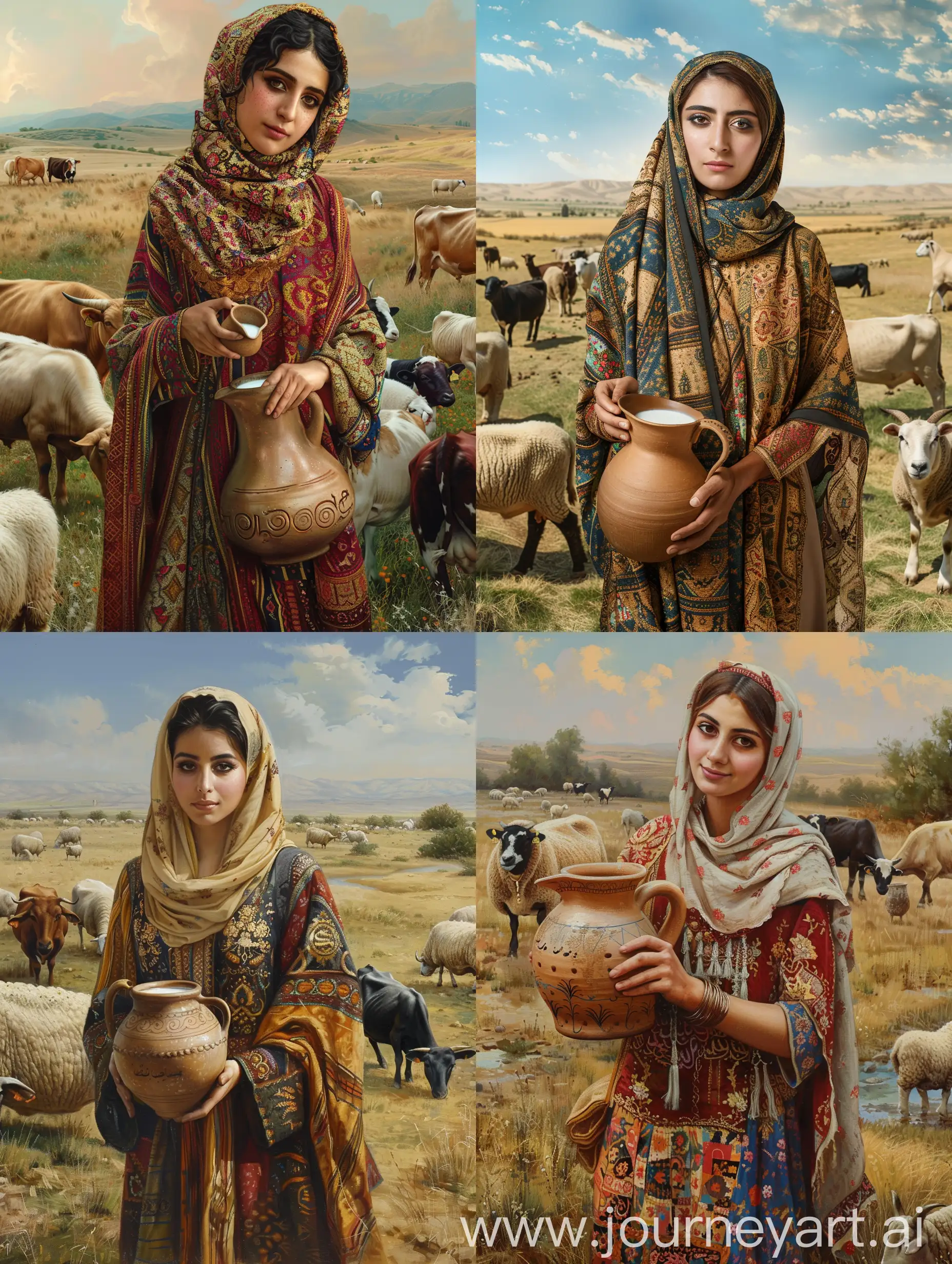 an iranian woman in traditional persian clothes holding Earthenware jug of milk in a country in the middle of a field surrounded by sheeps and cows far away  ,highquality , highly detail