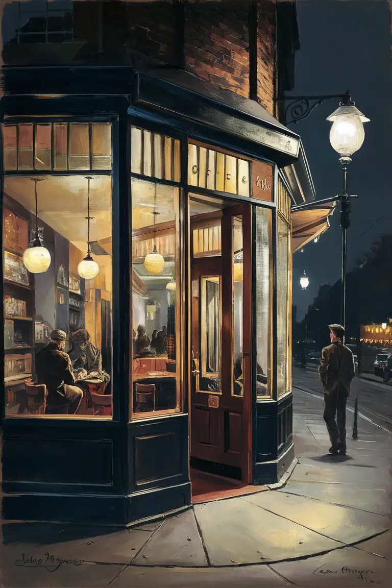 Imagine a painting inspired by Edward Hopper's style, depicting the exterior of a coffee shop at night. The scene unfolds on a quiet urban street corner, where the coffee shop stands out with its warm, inviting glow from within. This glow contrasts starkly with the cool, dark hues of the nighttime surroundings. The coffee shop, framed by large, clear glass windows, reveals silhouettes of patrons inside, some sitting alone, others in quiet conversation.

The architecture of the building is reminiscent of the 1930s with clean lines and functional design, featuring a brick facade and a modest, yet inviting entrance. A lone figure, perhaps a late-night wanderer or a customer leaving the shop, pauses outside under the gentle radiance of a street lamp. This figure's contemplative stance and the overall mood of the scene echo Hopper's themes of solitude and introspective moments within American urban settings. The play of light and shadow, the contrast between the interior warmth and the exterior chill, all contribute to a narrative rich in quiet tension and narrative depth.