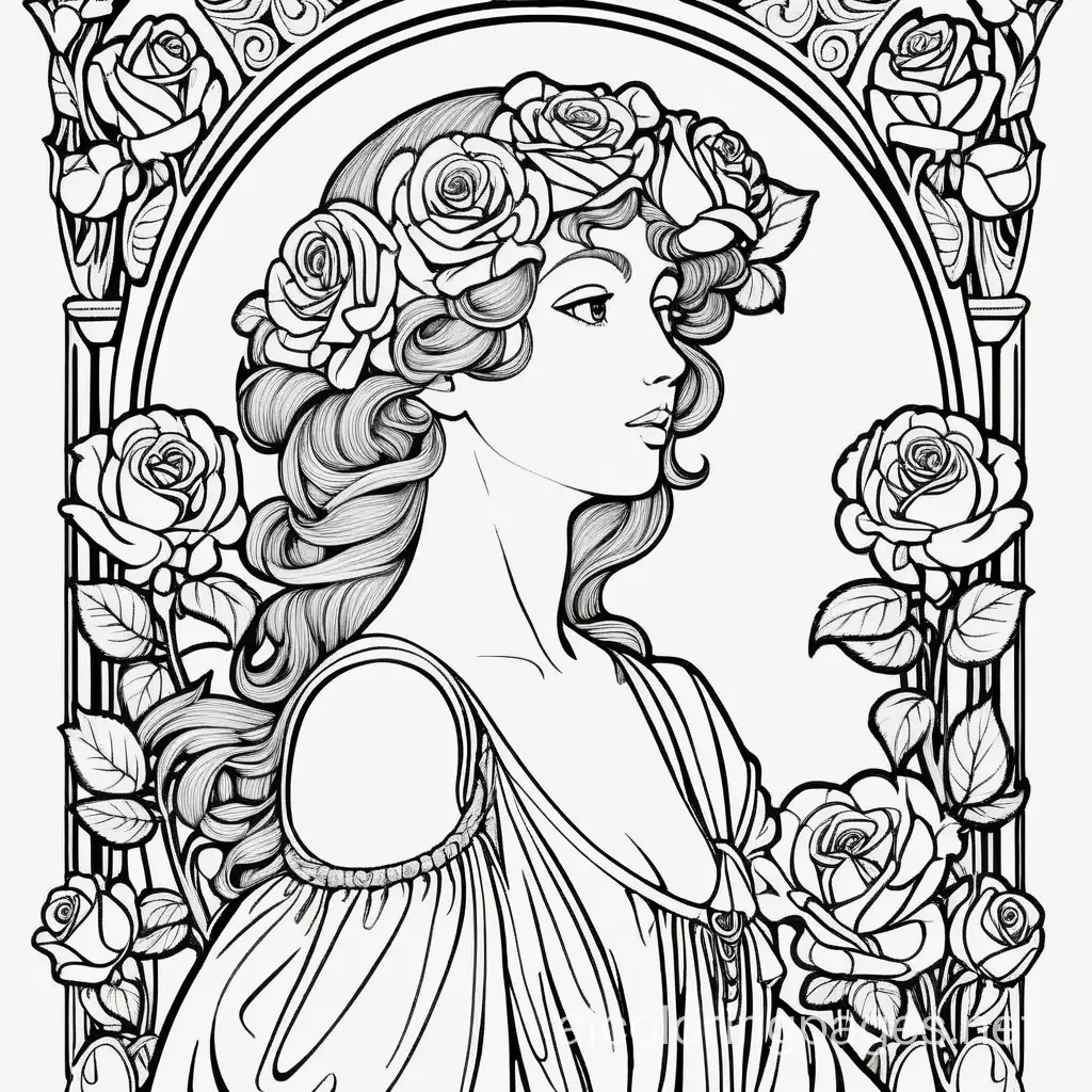 lady with many roses, style art nouveau, Baroque background, Coloring Page, black and white, line art, white background, Simplicity, Ample White Space. The background of the coloring page is plain white to make it easy for young children to color within the lines. The outlines of all the subjects are easy to distinguish, making it simple for kids to color without too much difficulty