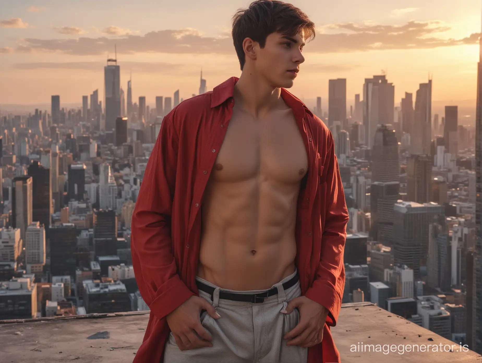 Cute teen boy in red oversize open shirt showing up his belly and perfect anatomy with gorgeous ass and dark short hair stands on the roof of a skyscraper over the busy city below and enjoys the sunset. Highly detailed, dramatic lighting, 4K,