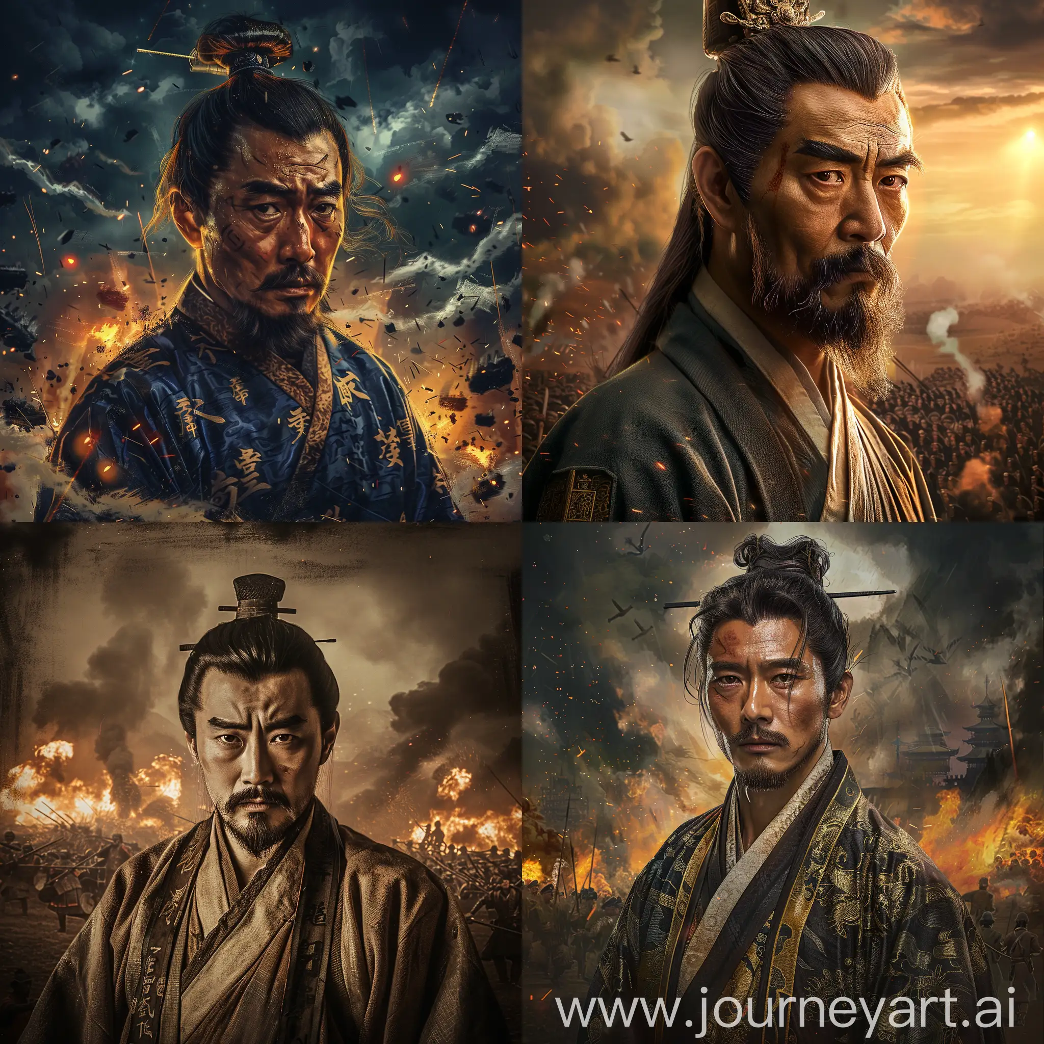 Portrait of Chinese general and philosopher Sun Tzu, depicted in traditional robe and hair, Chinese war background, cinematic lighting