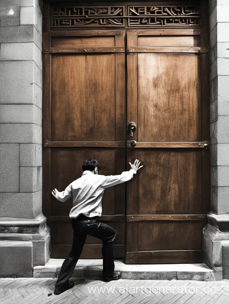 мужчина пытается толкнуть плечом большую деревянную дверь