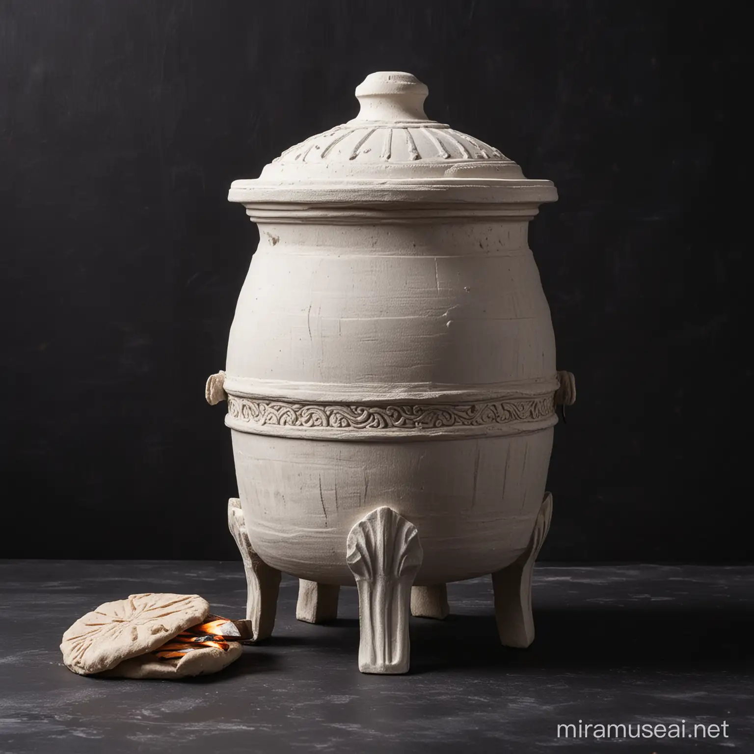tandoor, beautiful tall, white, stone, on a dark background, with a lid.