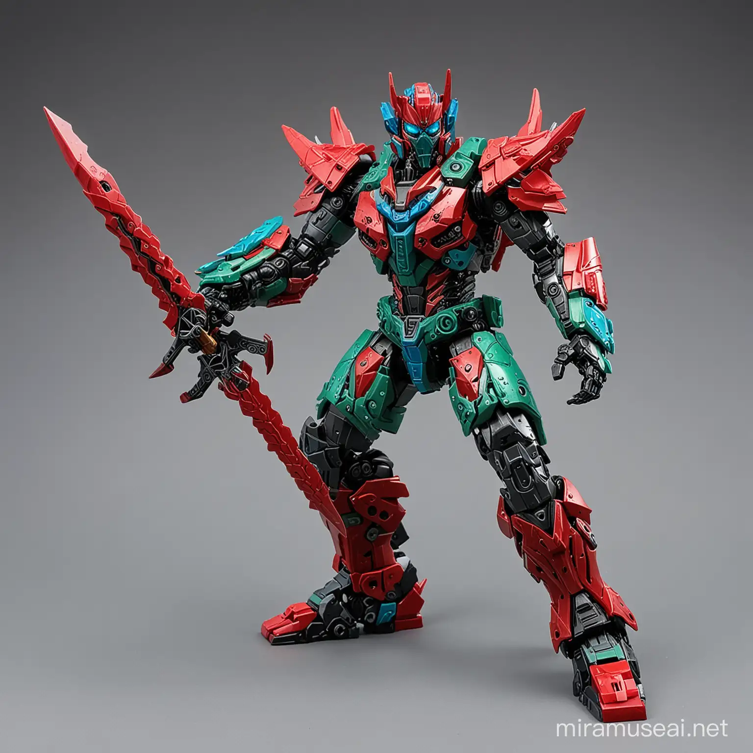 Create a fish man transformer in red blue green black colour battle mode with nebula sword