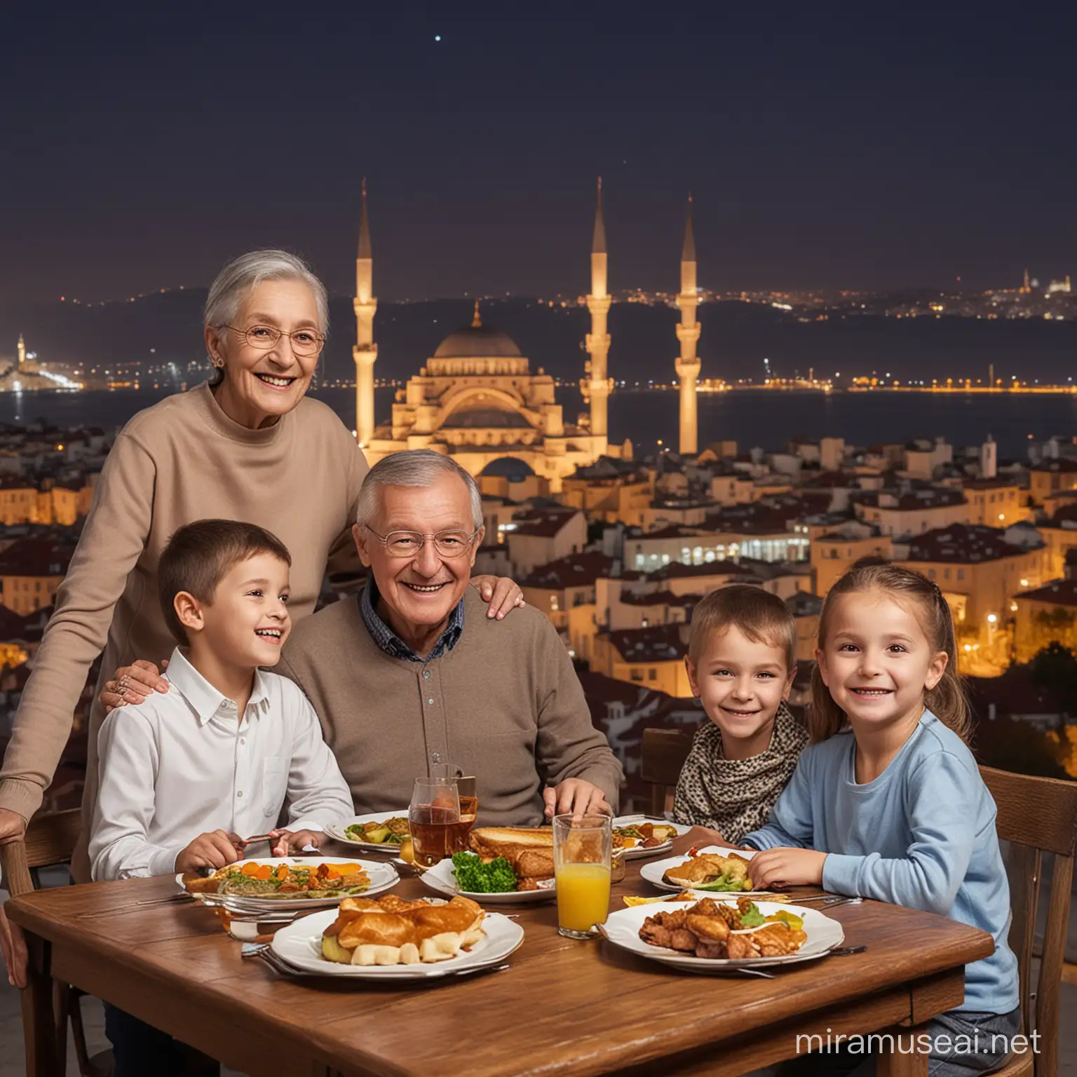 happy grandparent with kids, night istanbul background, dinner table