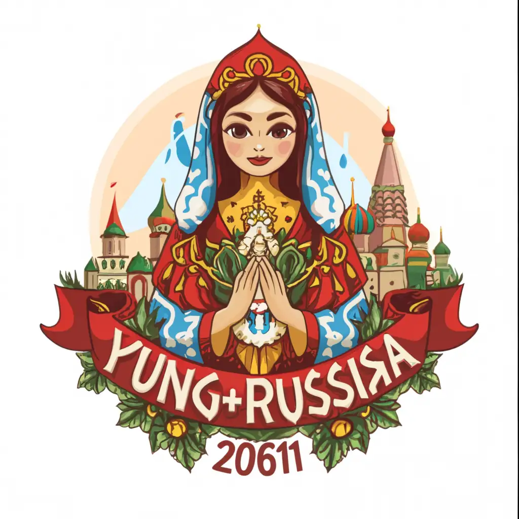 a logo design,with the text "YUNGRUSSIA_2061", main symbol:One beautiful russian girl in matreshka style as a symbol of worldwide peace  with a nature and mountains on a background,Moderate,clear background