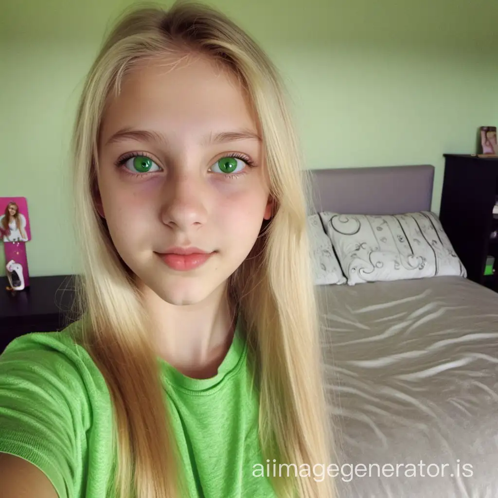 female, 14 years old, blonde hair, green eyes, taking selfie, well decorate bedroom, no phone