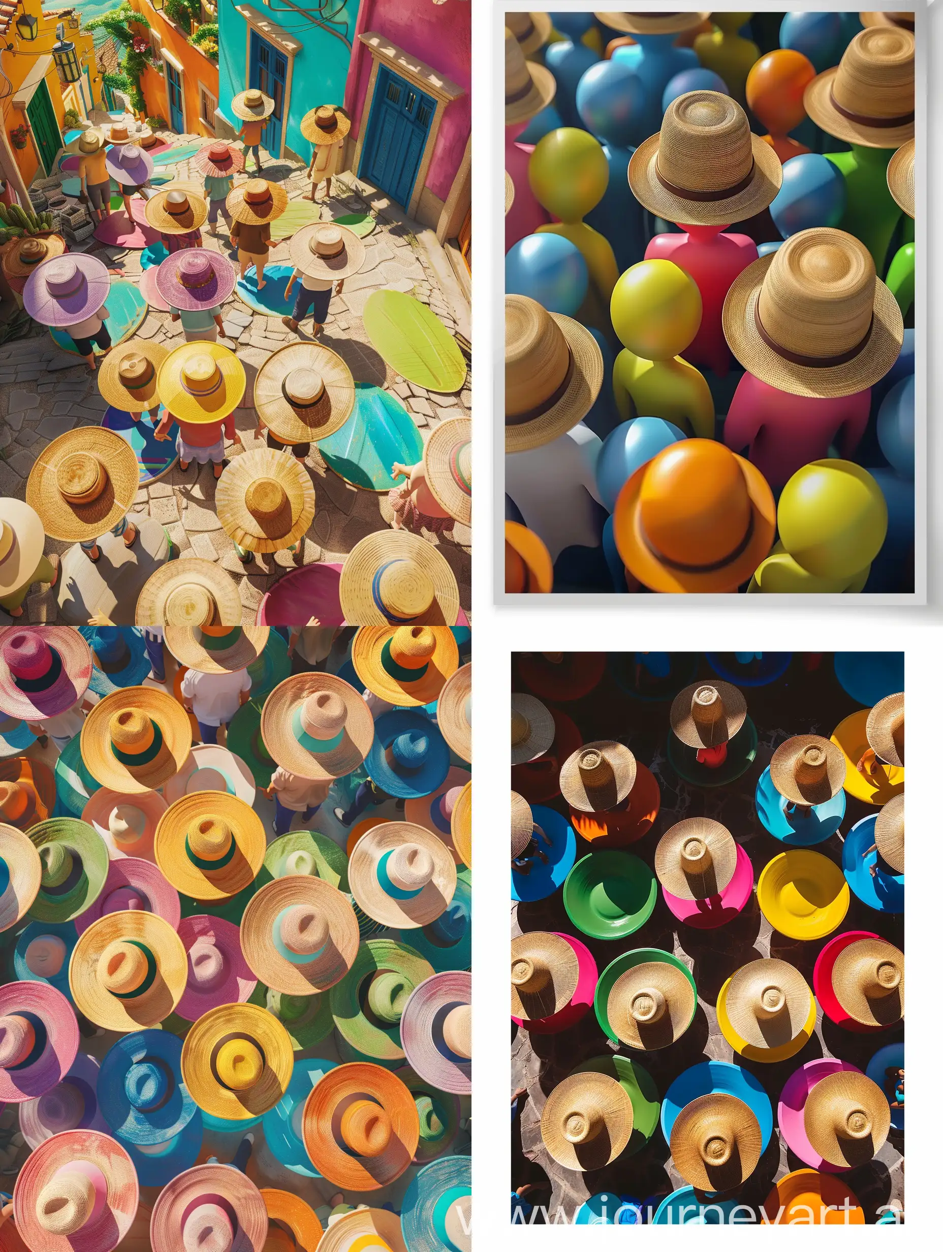 云乡村的场景中，彩色圆圈汇聚的戴着草帽的人形态，海报16比9比例，竖版，3D风格，逼真画面