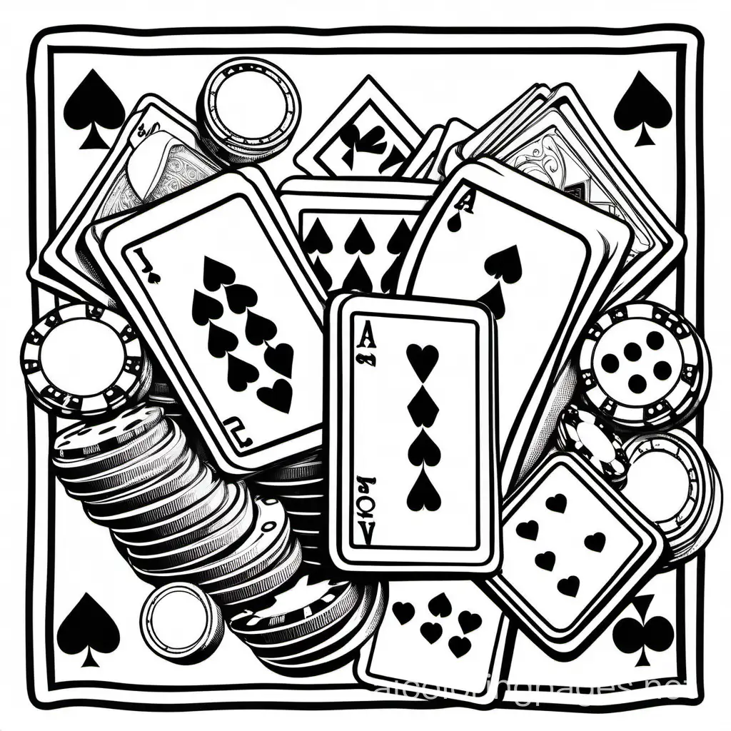 playing cards and dice and poker chips, Coloring Page, black and white, line art, white background, Simplicity, Ample White Space. The background of the coloring page is plain white to make it easy for young children to color within the lines. The outlines of all the subjects are easy to distinguish, making it simple for kids to color without too much difficulty