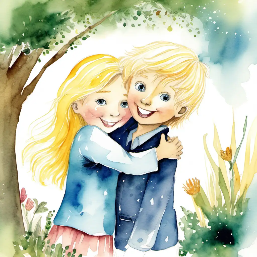 Children’s book, water color illustration blonde, blonde girl and boy hugging to celebrate 