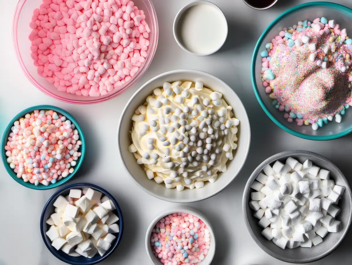 photo of ingredients for recipe: white chocolate chips, whole milk, vanilla extract, food coloring in pink, whipped cream, and an assortment of sprinkles and marshmallows for that extra sparkle.