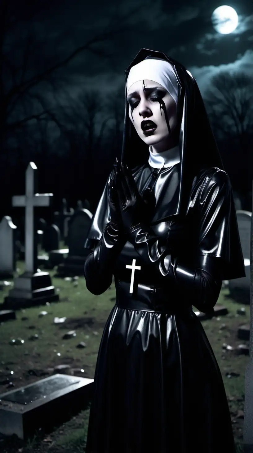 Goth Girl in Latex Nun Costume Weeping Black Tears in Graveyard at Night