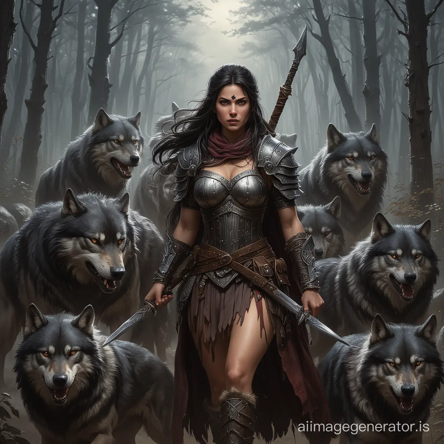 a dark haired Wolfmaiden warrior protecting her pack