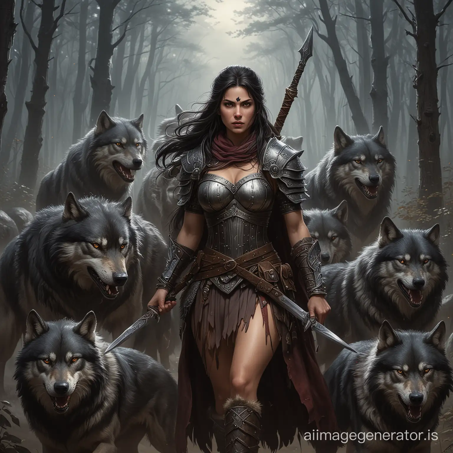 a dark haired Wolfmaiden warrior protecting her pack 