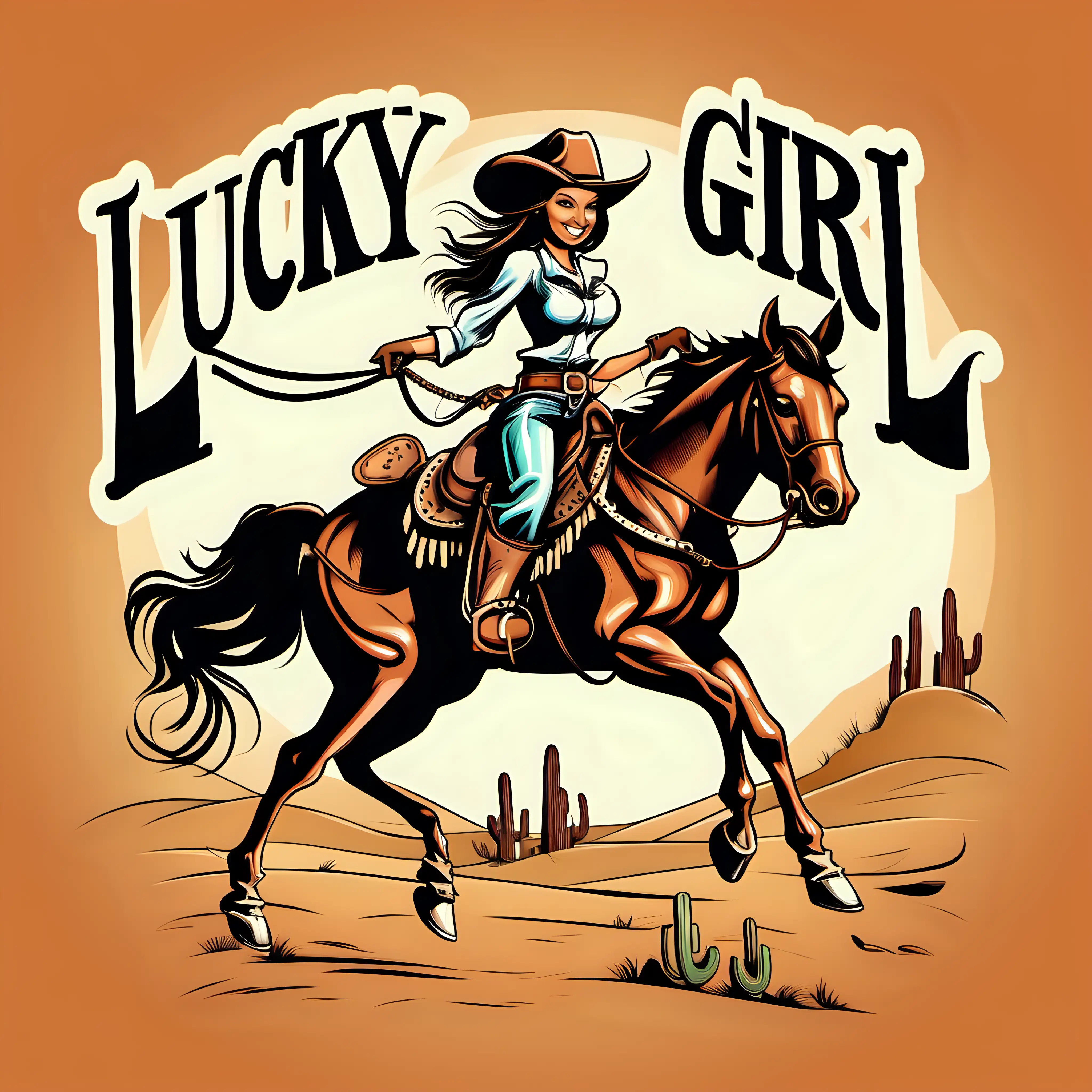 vector art, "Lucky Girl" typography, Western style font, Cartoon cowgirl on a horse, lasso
