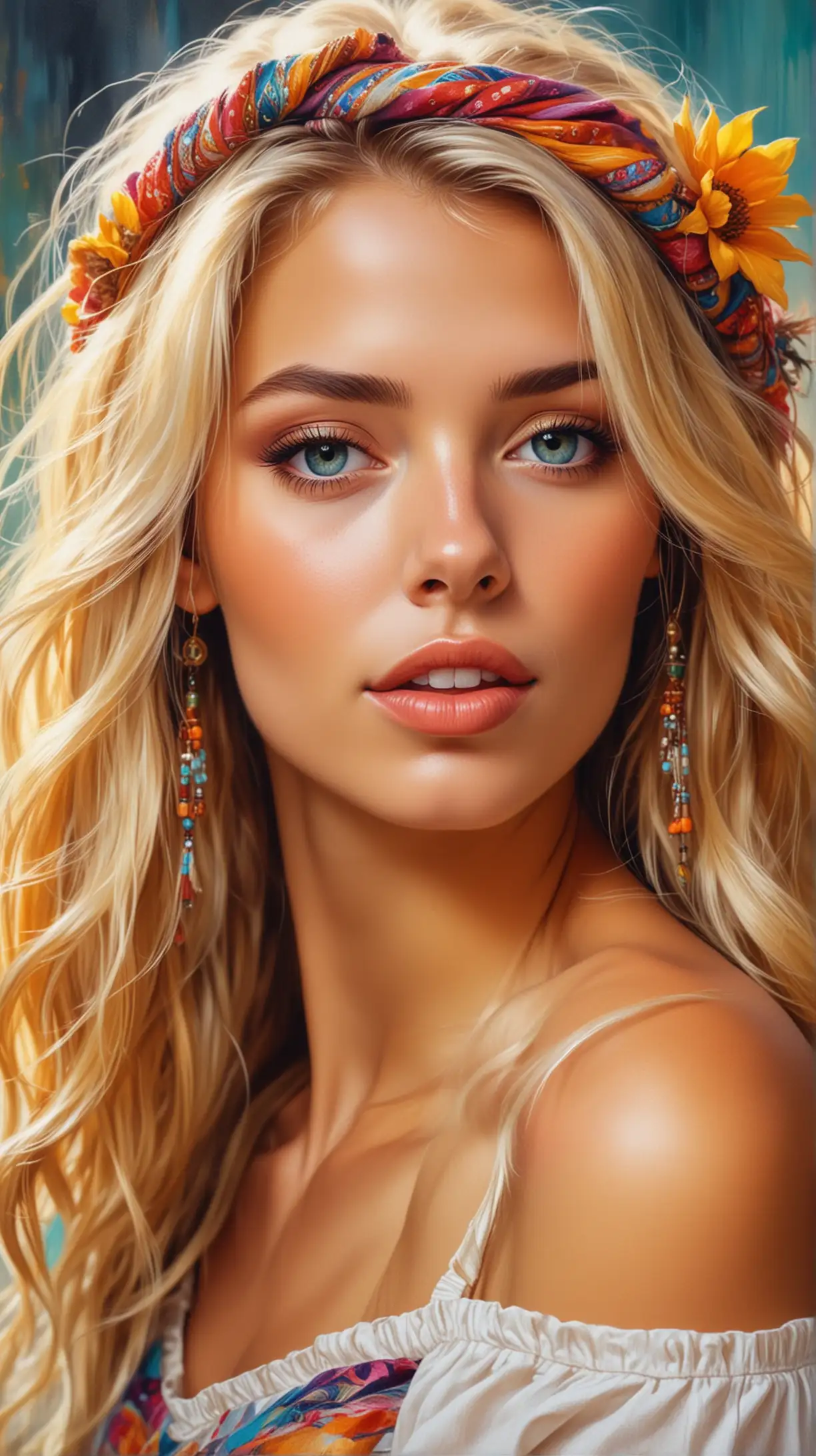 Make gorgeous canvas picture with oil painting, with very handsome blonde Boho girl, lots of radiant colours, show the beauty, make it real as possible, 4k photo 