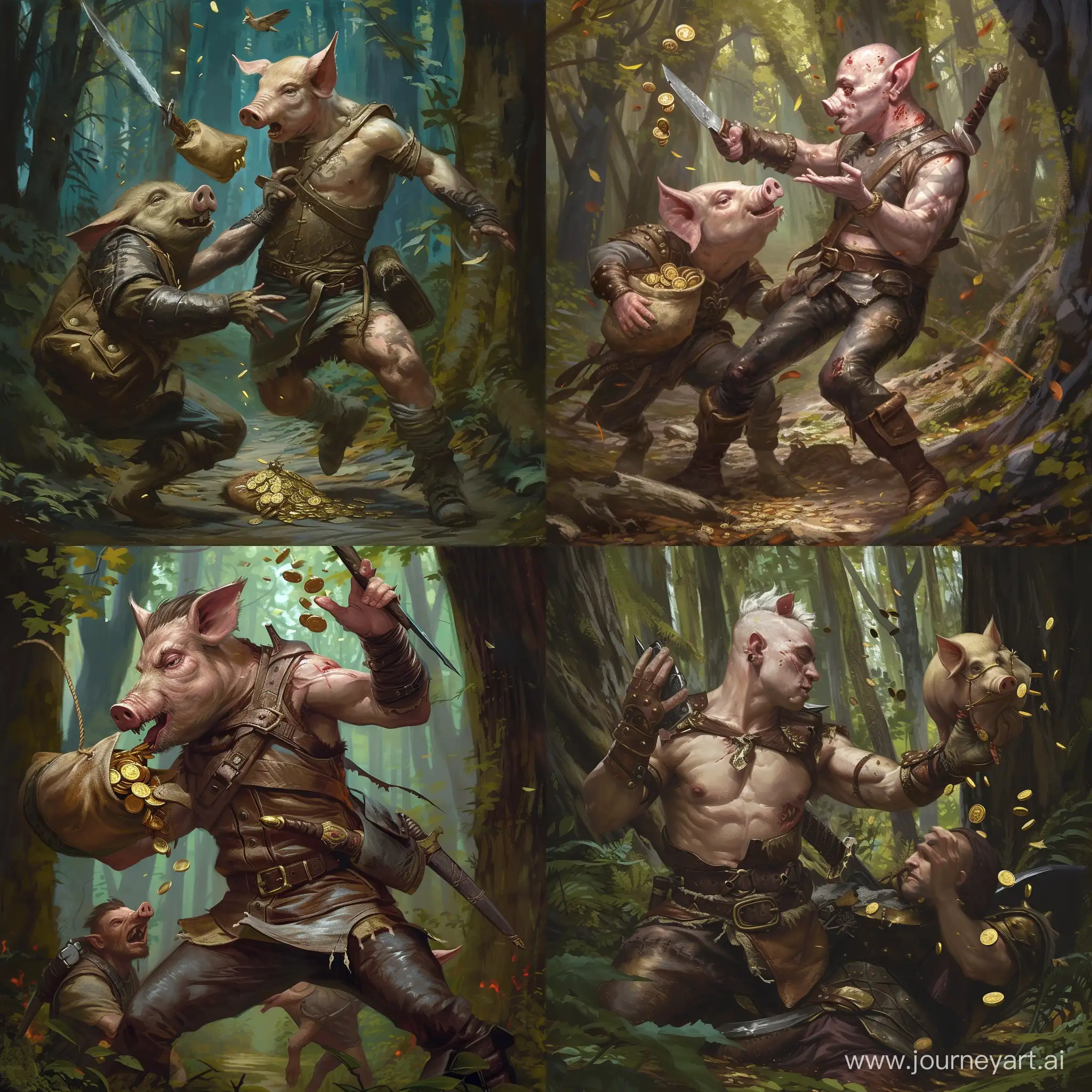 Draw a character from the Dungeons and Dragons universe according to the following description: This is a man capable of turning into a pig, fair skin, 200 centimeters tall, skinny. He is wearing leather armor and has a bag of gold coins in his bosom. He throws a knife and hits an evil bandit in the forest
