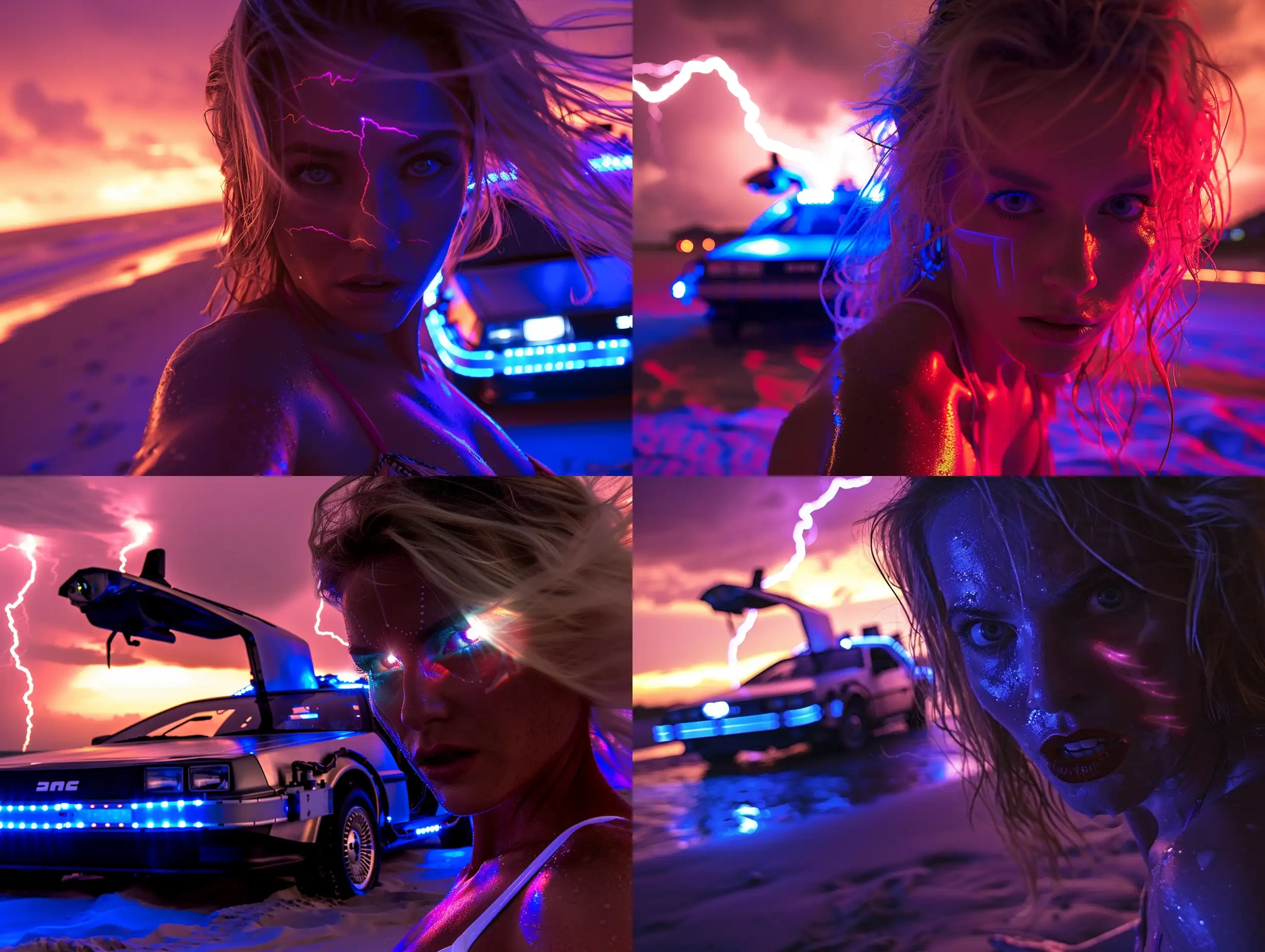 Blonde in swimsuit in foreground close to camera, face lit up by spotlight, with Back to the future delorean in background on Beach at sunset. scifi, futuristic,  blue lightning in sky,  purple sky, smoky, fire trails, artistic, bright, masterpiece, stunning,