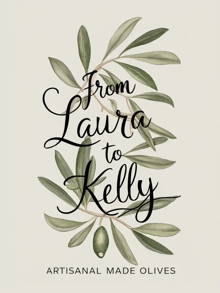 vertical label for artisanal made olives from Laura to Kelly