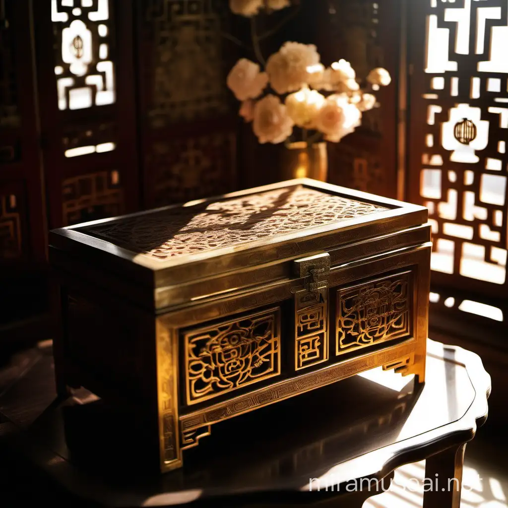 In an ancient Chinese boudoir, sunlight shines through the carved window lattice, illuminating the furnishings in the room. On the dressing table, an exquisite wooden dressing box stands quietly, with dust on the lid. Inside the box, various kinds of gold and silver jewelry lie quietly, reflecting the sunlight outside the window, shining with a faint light.