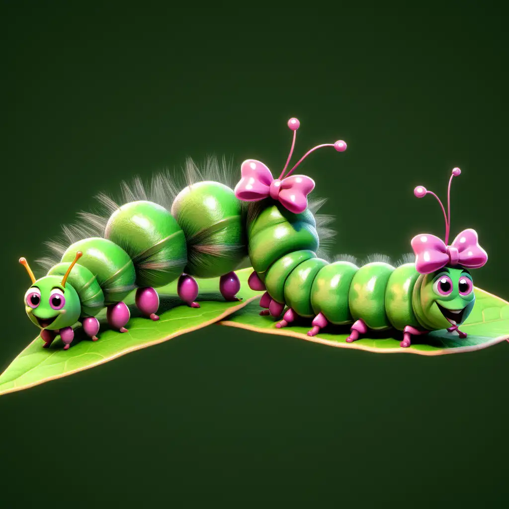 Cute Cartoon Caterpillar Couple Dining on a Green Leaf