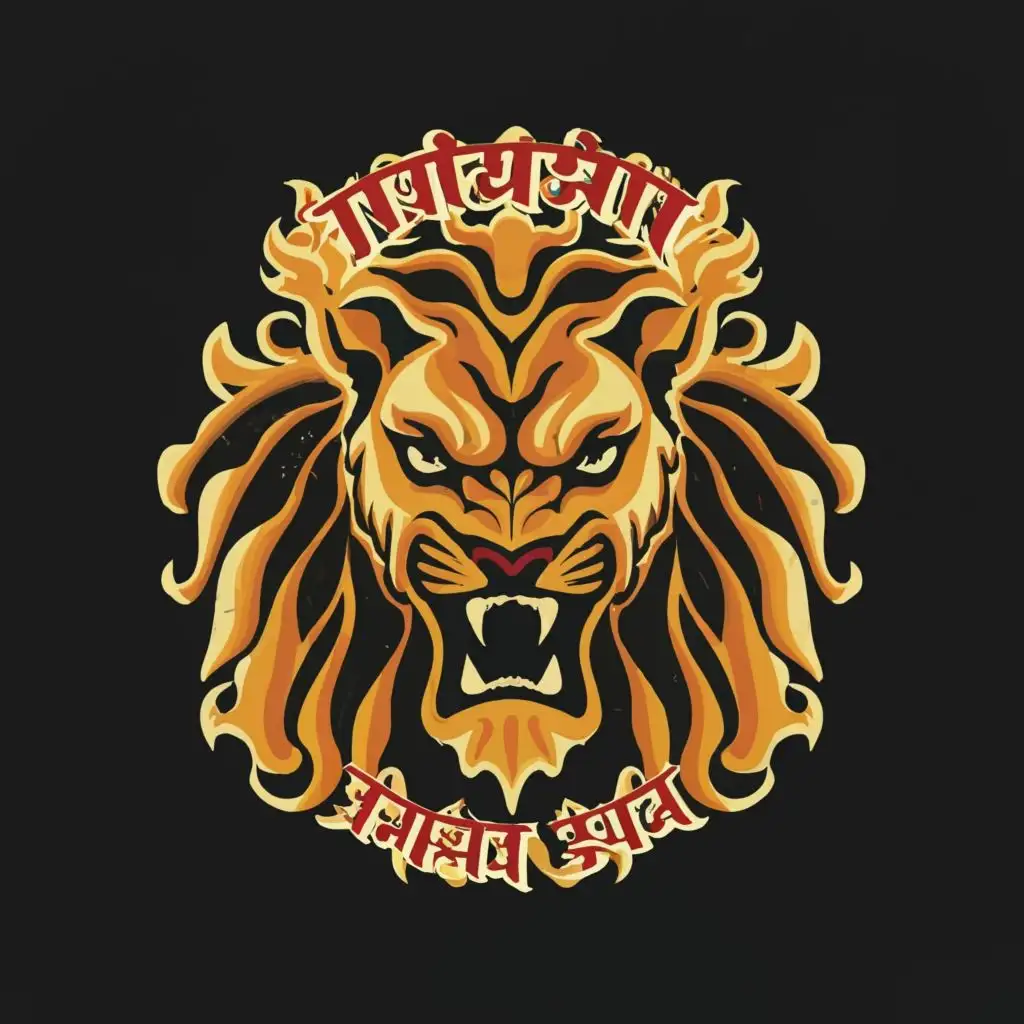 logo, Angry Lion Head , with the text "Hindustan Narsimha Sena", typography
