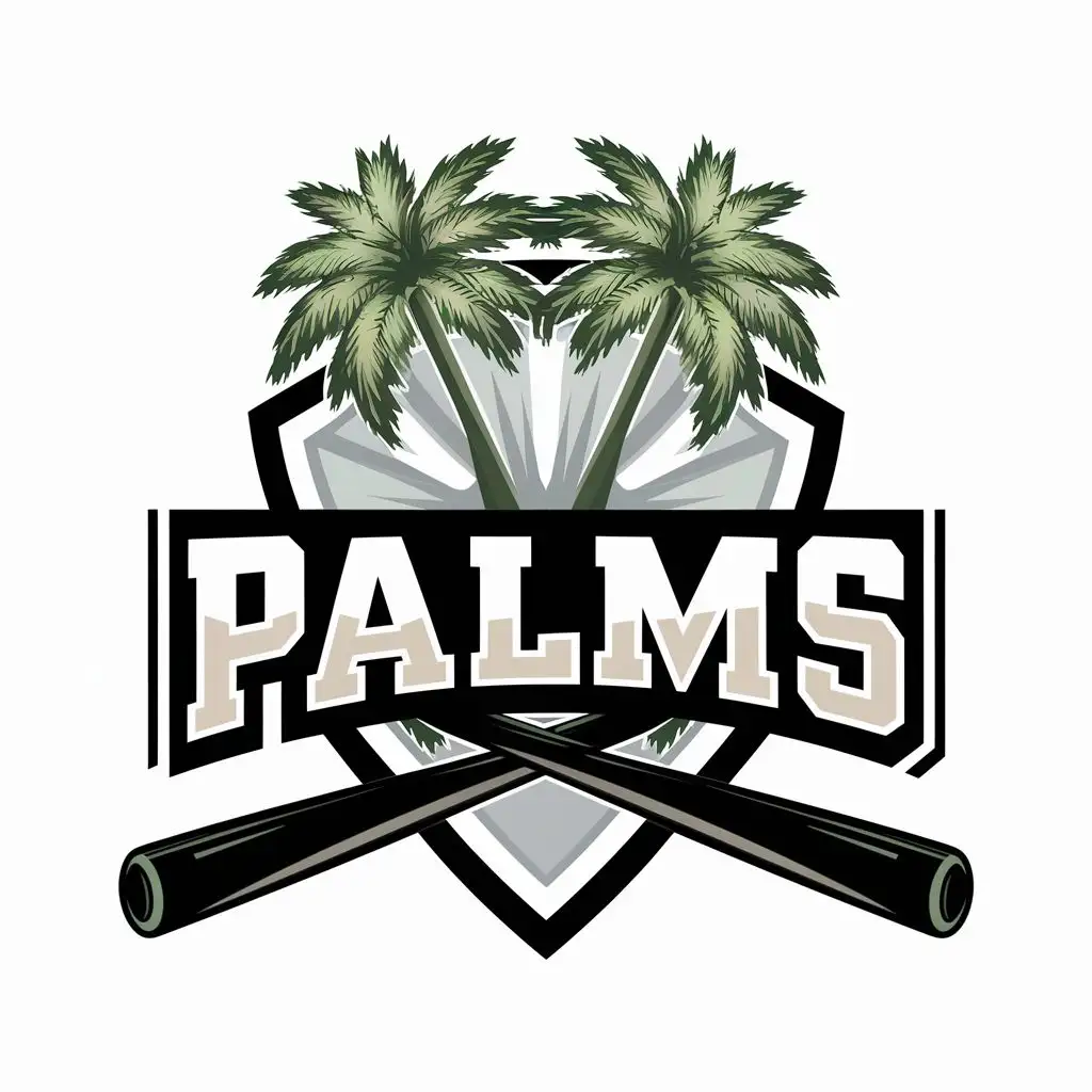 logo, palm trees and baseball bats and baseball, with the text "Palms", typography, be used in Sports Fitness industry, green and beige