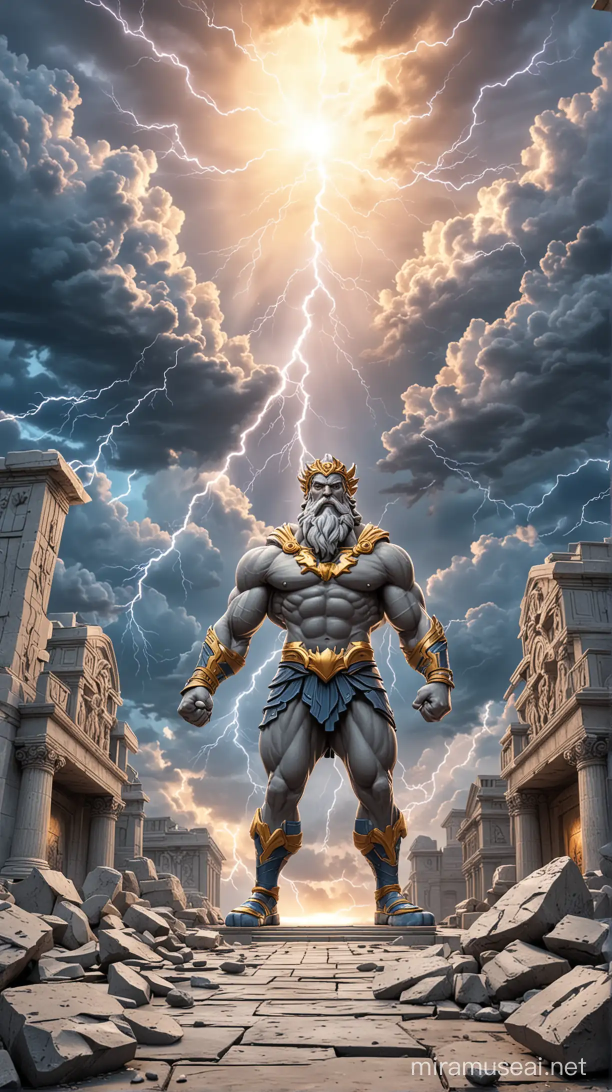 Cartoon Themed Zeus with Beton and Lightning Elements on a Sky Background